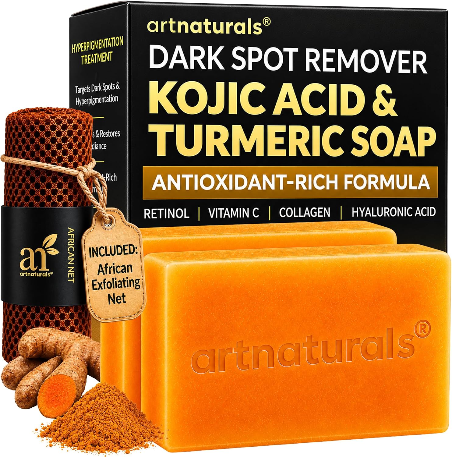 Kojic Acid Soap + African Net Sponge (2 pack X 142g Turmeric bars) Dark spot remover, Hyperpigmentation & Scars - Original Japanese Complex Vitamin C, Hyaluronic Acid, retinol, shea butter (Citrus)