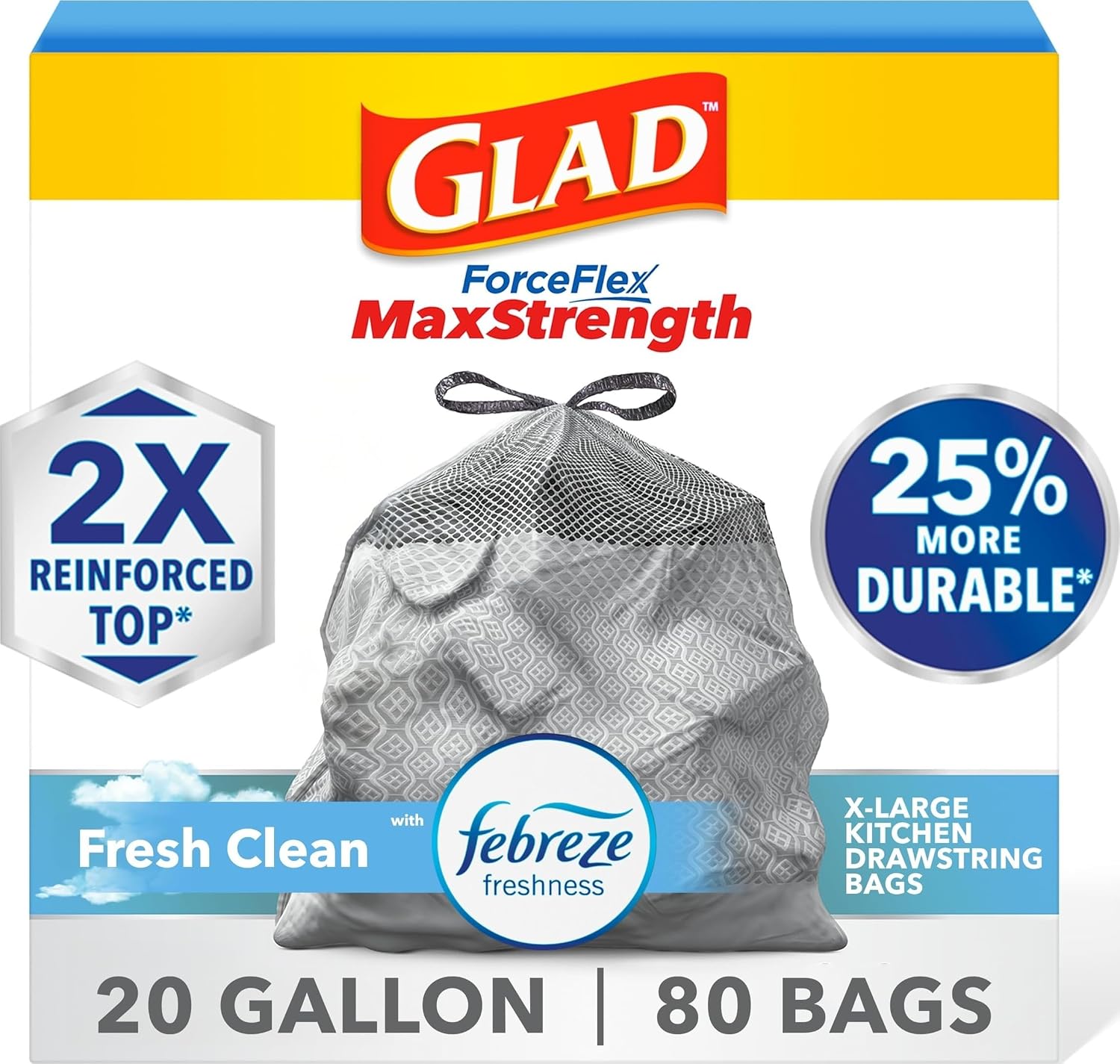 Glad ForceFlex MaxStrength Kitchen Trash Bags, Rip and Tear Resistant, Fresh Clean Scented Large Garbage Bags, Odor Control, Febreze Freshness, 20 Gallon Trash Bags, 80 Count