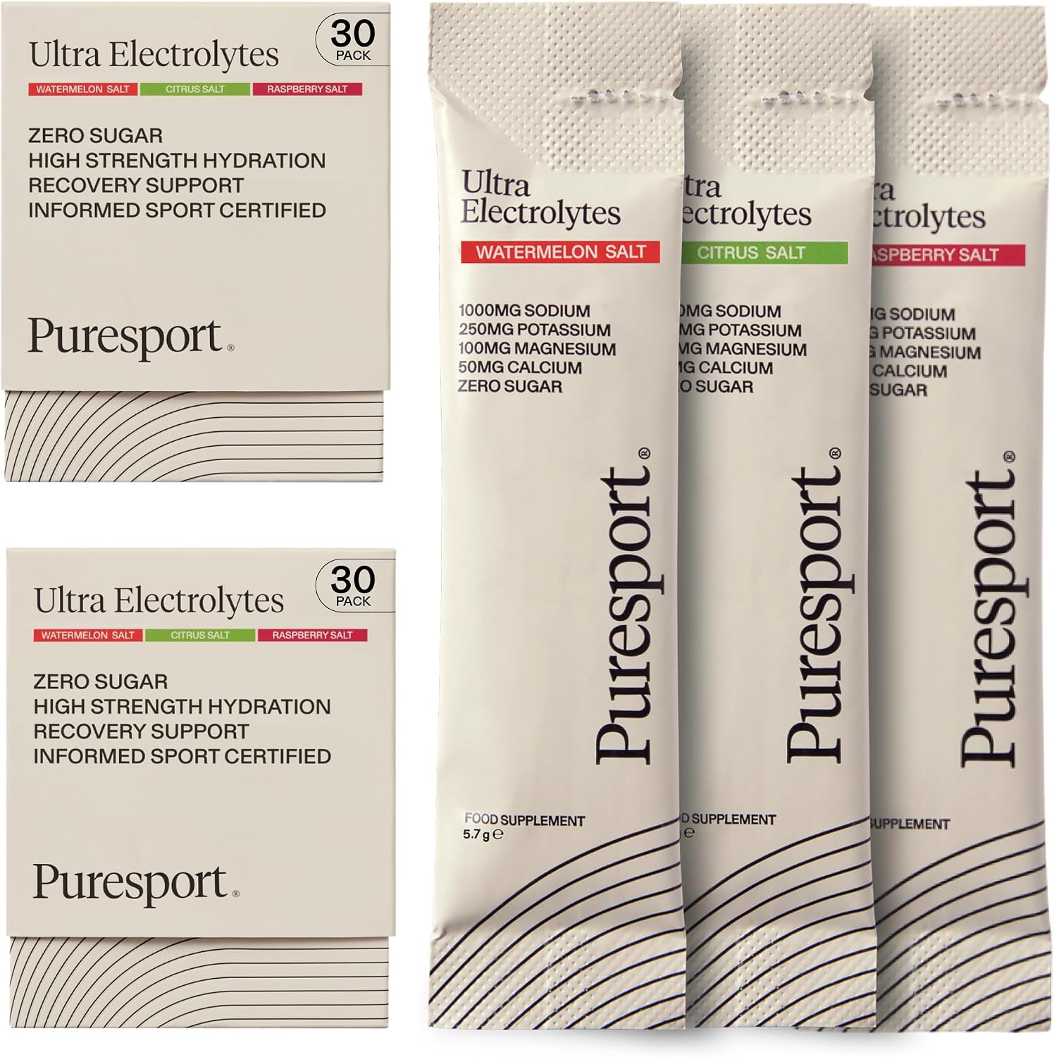 Puresport Ultra Electrolytes Hydration Variety Pack (60 Pack) | Watermelon, Citrus & Raspberry Salt/20 Electrolyte Sachets of Each | Sugar Free Electrolytes Powder | Optimise Hydration/Support Muscles