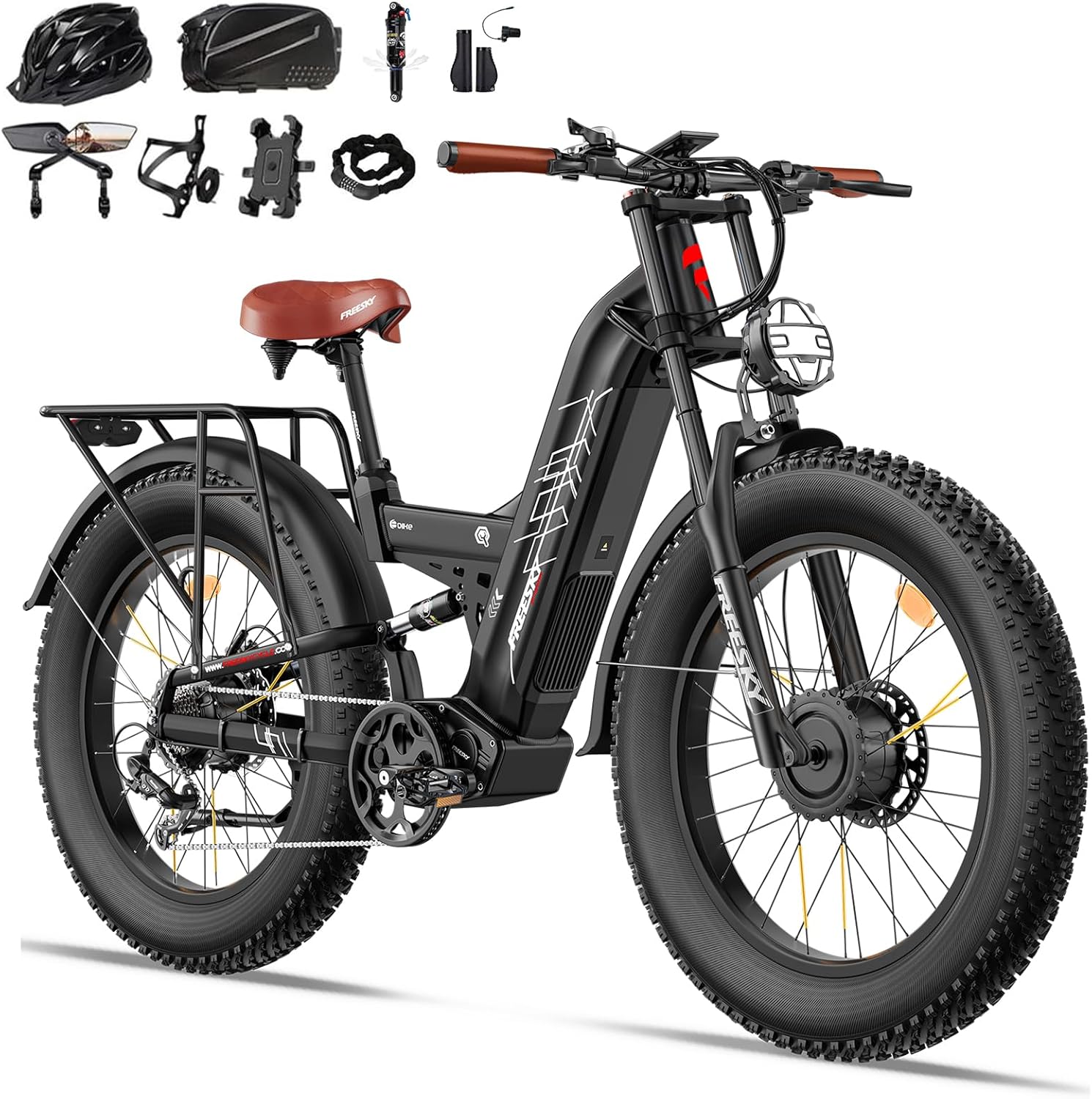 FREESKY Peak 4000W Dual Motor Ebike 40+MPH 48V 30AH Samsung Cells Battery AWD Electric Mountain Bike for Adults 26" Fat Tire Long Range Full Suspension Off-Road with Hydraulic Disc Brake Warrior PRO