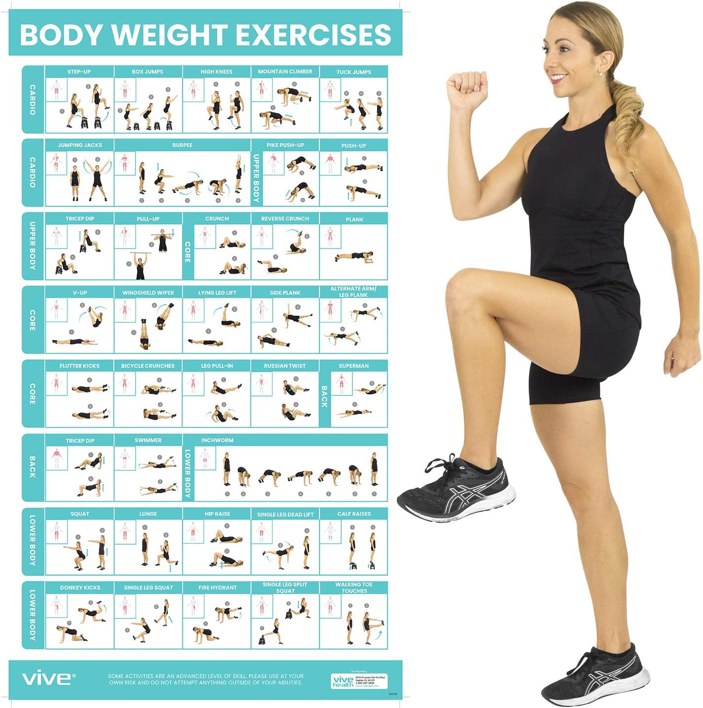 Vive Body Weight Exercise Poster - Workout for Home Gym Laminated Chart - Room Decor Accessories - HITT For Abs, Glute, Core, Legs, Arms, Back - No Equipment Needed - Artworkout, Physical Education
