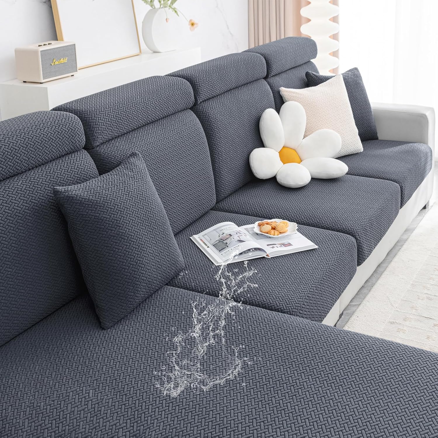 Smiry Waterproof Couch Cushion Covers, Stretch Jacquard Sofa Cushion Covers, Reversible Washable Seat Cover Slipcover Elastic Furniture Protector for Pets, Kid (3PC, Grey)