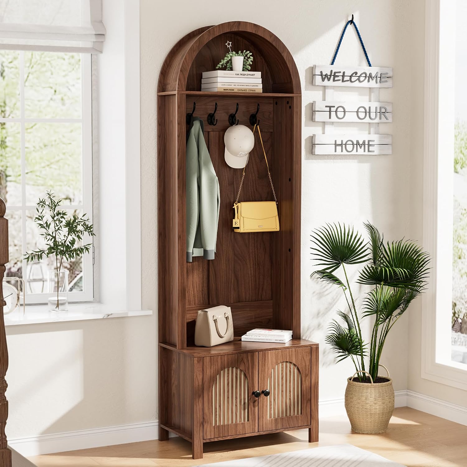 Hall Tree with Bench and Shoe Storage 4-in-1 Entryway Bench with Coat Rack