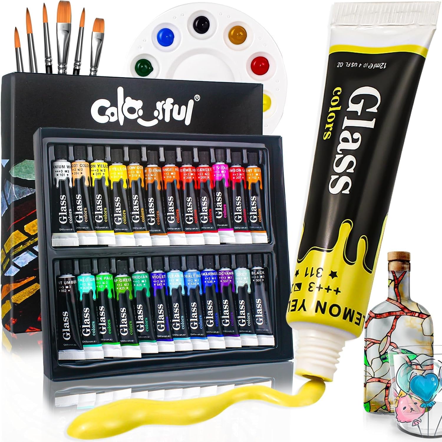 Colorful Stain Glass Paint Set,24 Colors 0.4 oz Paint for Kids to Arts