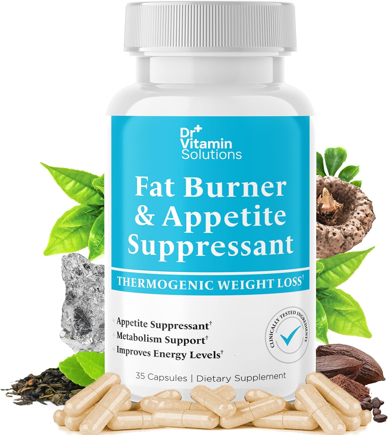 DR VITAMIN SOLUTIONS Fat Burner for Women & Men - Appetite Suppressant for Weight Loss - Pills with Chromium, Caffeine & Green Tea Extract - Metabolism Booster Thermogenic Weight Loss - 35 Capsules
