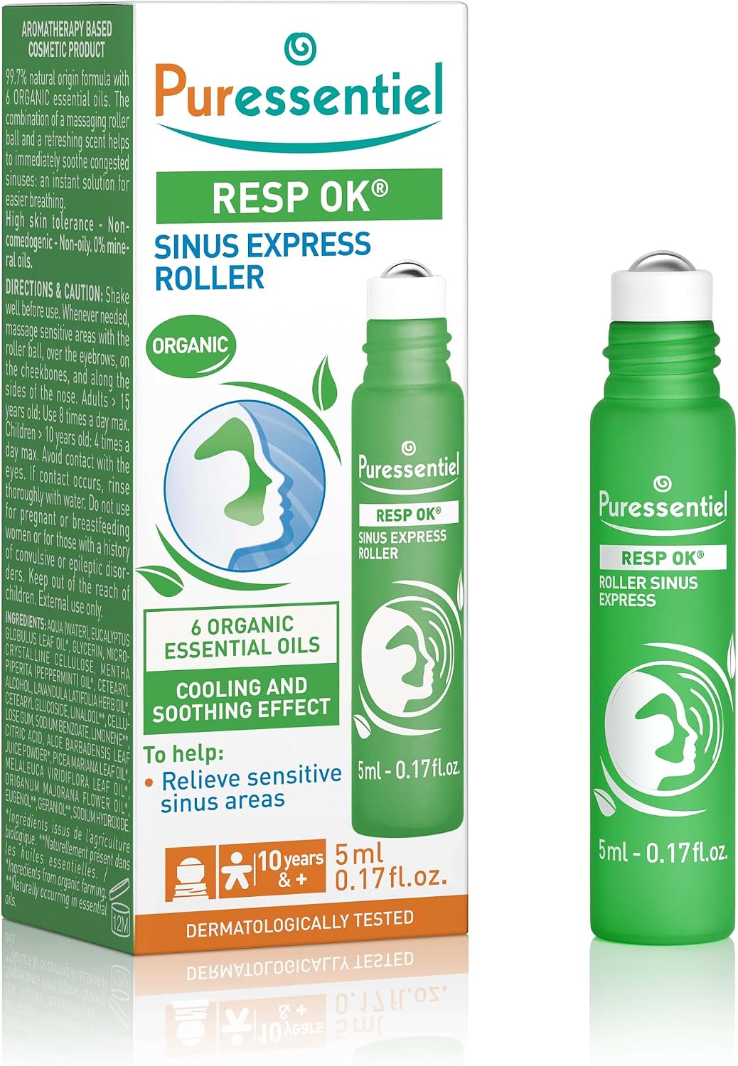 Puressentiel Respiratory Roll-on Sinus Express – Immediate Sinus Relief - 100% Plant-Based Formula - Organic Aloe Vera & Essential Oils - Pocket Size