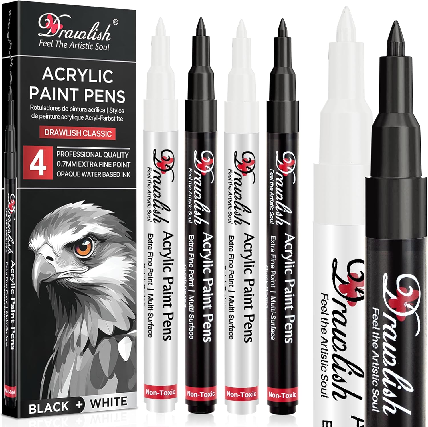 Drawlish Acrylic Paint Pens, Black & White Pen Set of 4 Glass Paint Markers 0.7mm Extra Fine Tip | Ideal for Wood, Fabric, Porcelain, Ceramic, Stone, Rock Painting and more