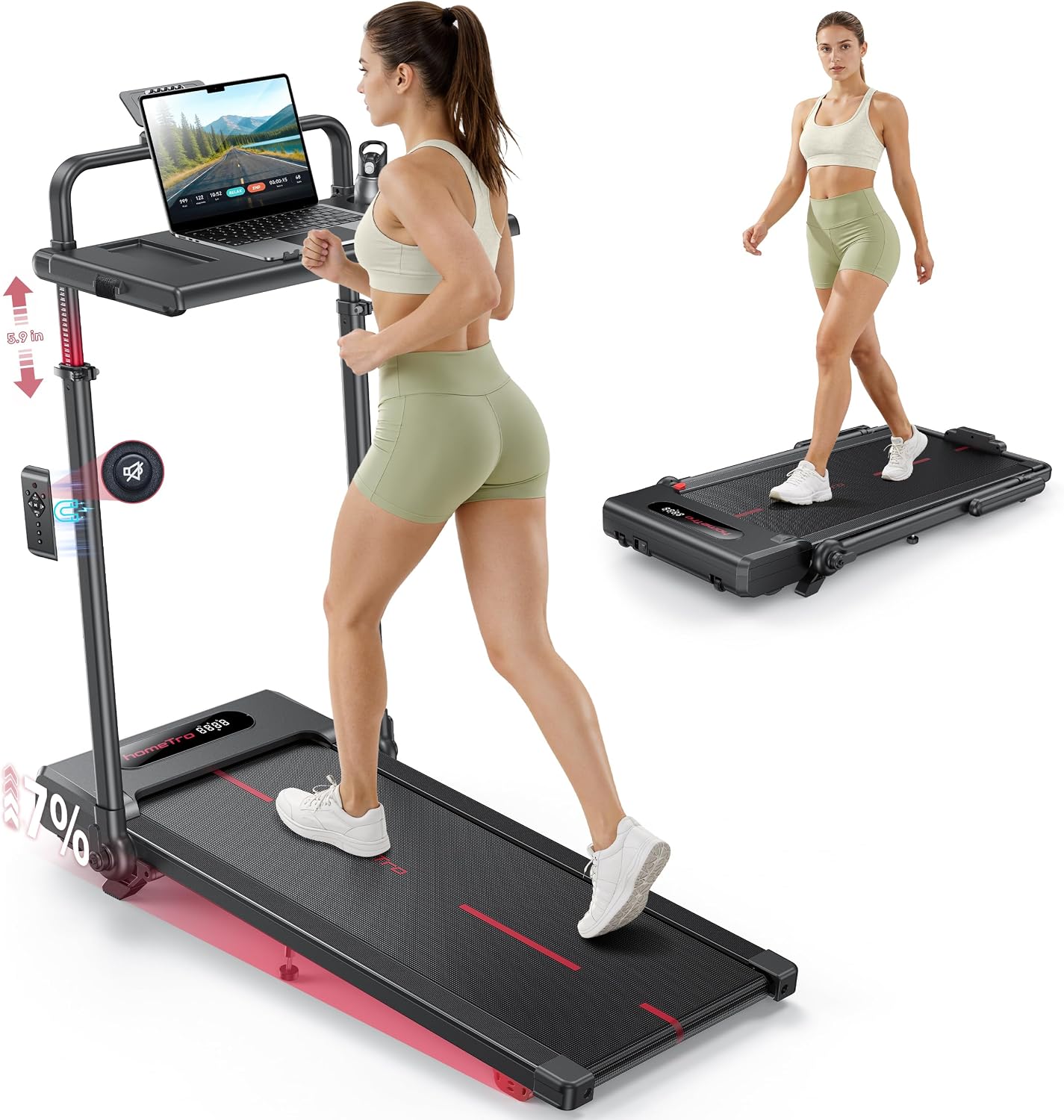 Treadmill with Incline with Removable Desk Workstation, 3 in 1 Foldable Treadmill with Adjustable Handle Bar for Home/Office, 3.0HP Portable Walking Pad with Magnetic Remote & APP Control