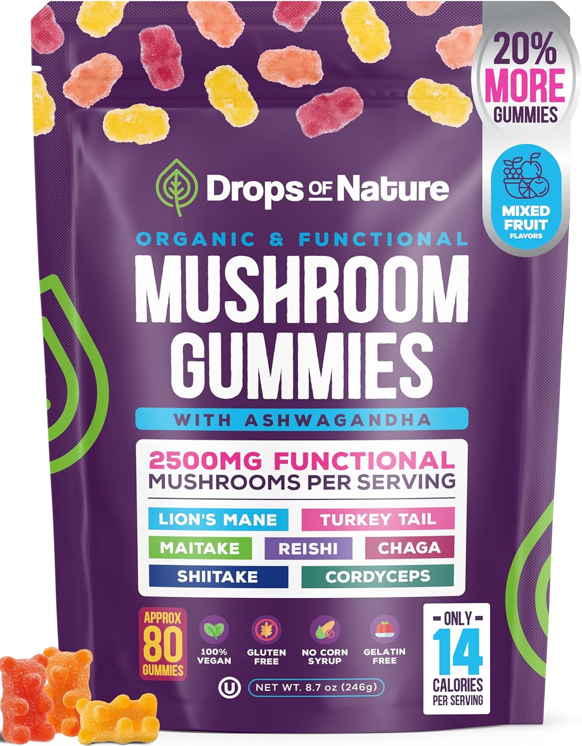 Ashwagandha Gummies and Lions Mane Mushroom Gummies Supplement - Organic - Reishi, Cordyceps, Turkey Tail, Maitake, Shitake, Chaga - Immune Defense, Boosts Cognitive Performance, Vegan, Low Carb