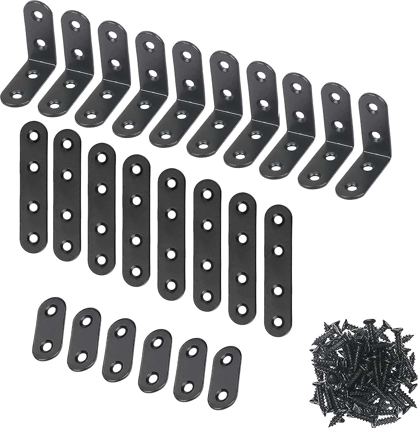 WeqeYent 24Pcs Corner Brace Sets, L Shaped Corner and Straight Brackets Sets, Joint Stainless Steel Right Angle Bracket, Fastener for Wood Chair Bookshelf Board Window Furniture Brackets(Black)