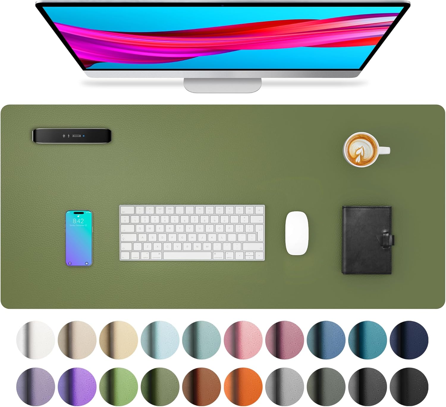 Aothia Desk Protector Mat, Mouse Pad, Non-Slip Waterproof PU Leather Desk Blotter, Laptop, Writing for Office and Home (23.6" x 13.7", Olive Green)