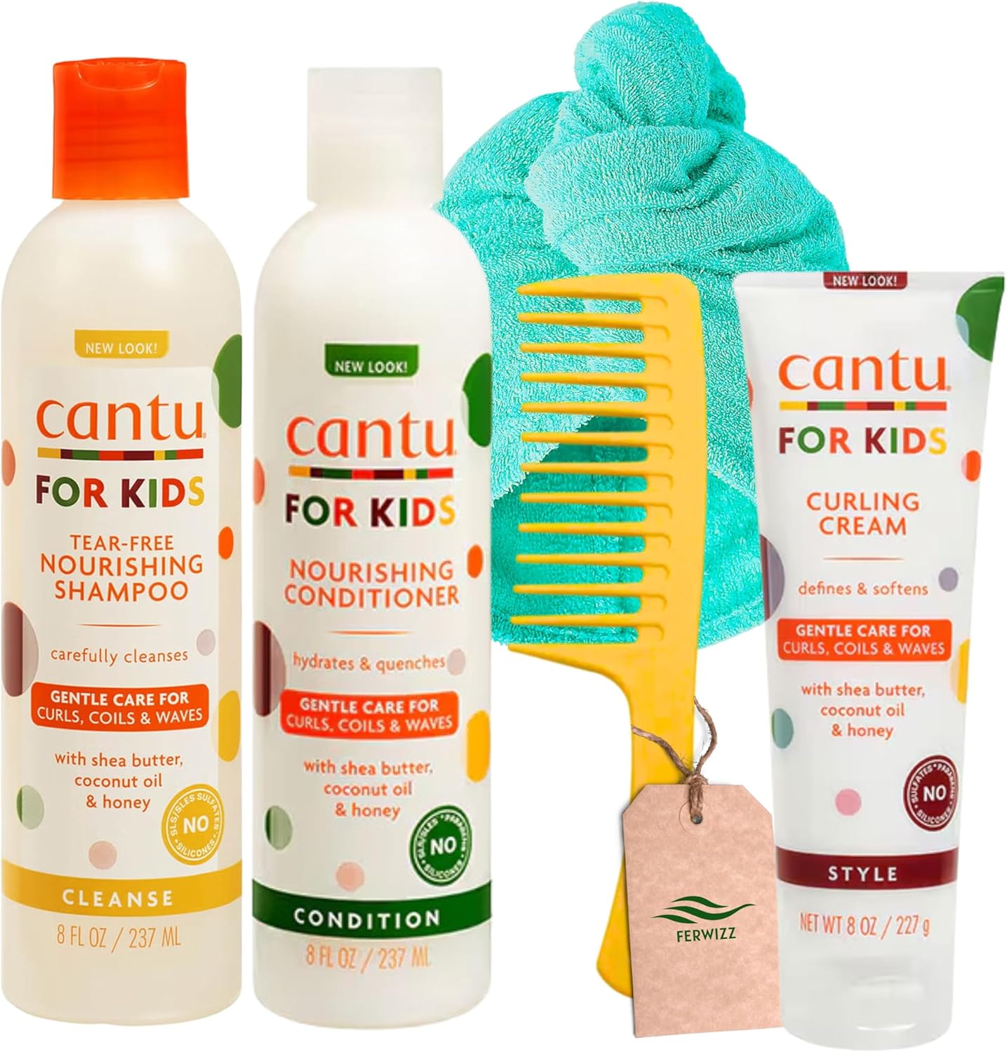 Kids Curly Hair Products Bundle with Ferwizz Wide Tooth Comb and Microfibre Hair Wrap and Cantu Curling Cream 227g and Cantu Care for Kids Curly Hair Shampoo and Conditioner 2 x 237ml