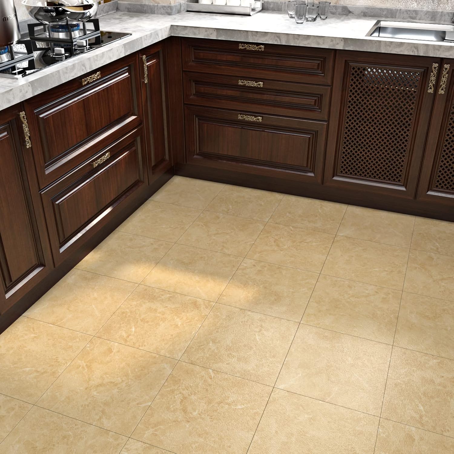 WESTICK Thick Yellow Marble Floor Tiles Peel and Stick Waterproof Bathroom Marble Floor Tiles Self Adhesive Removable Flooring Tile Stickers for Kitchen Bedroom, Beige Topaz Texture 12 x 12 IN 20 Pack