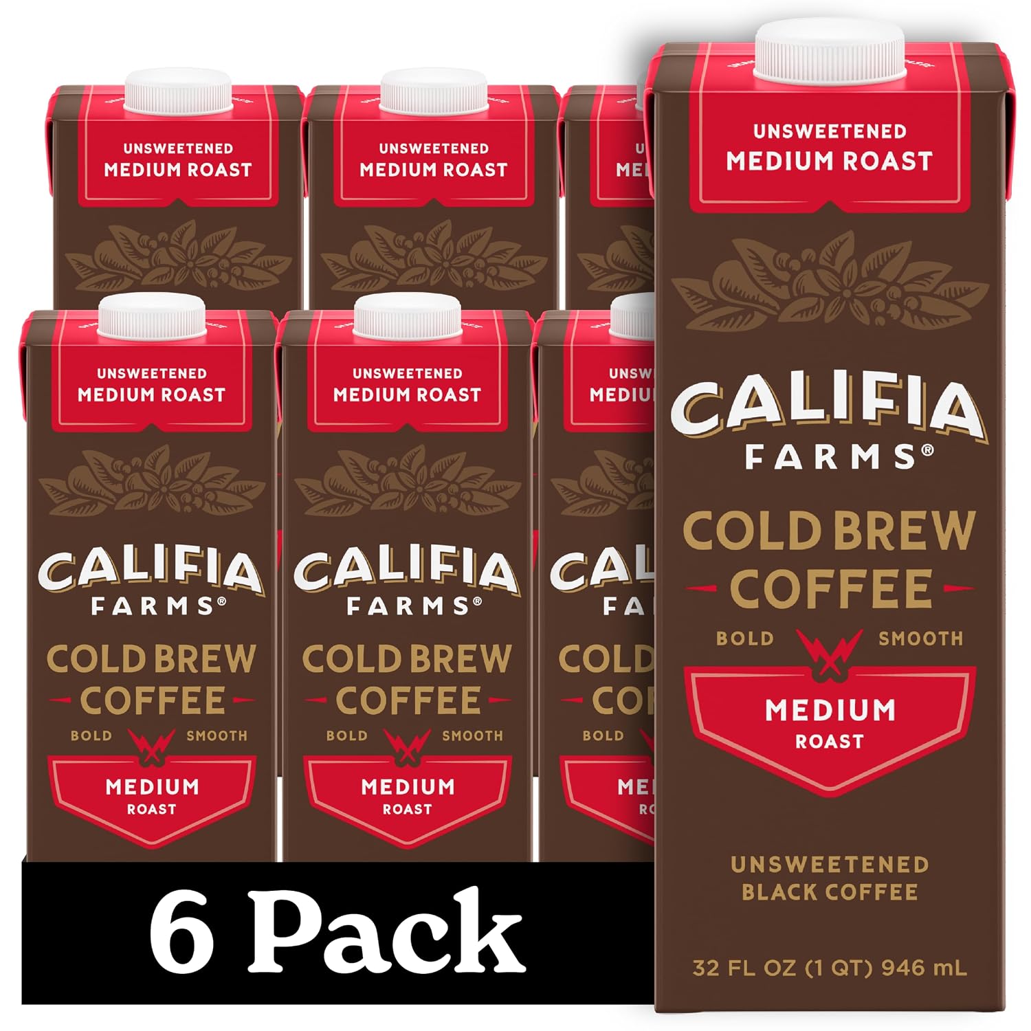 Califia Farms - Pure Black Medium Roast Cold Brew Coffee, 32 Oz (Pack of 6), 100% Arabica, Shelf Stable, Plant Based, Vegan, Gluten Free, Non GMO, Sugar Free, Iced Coffee