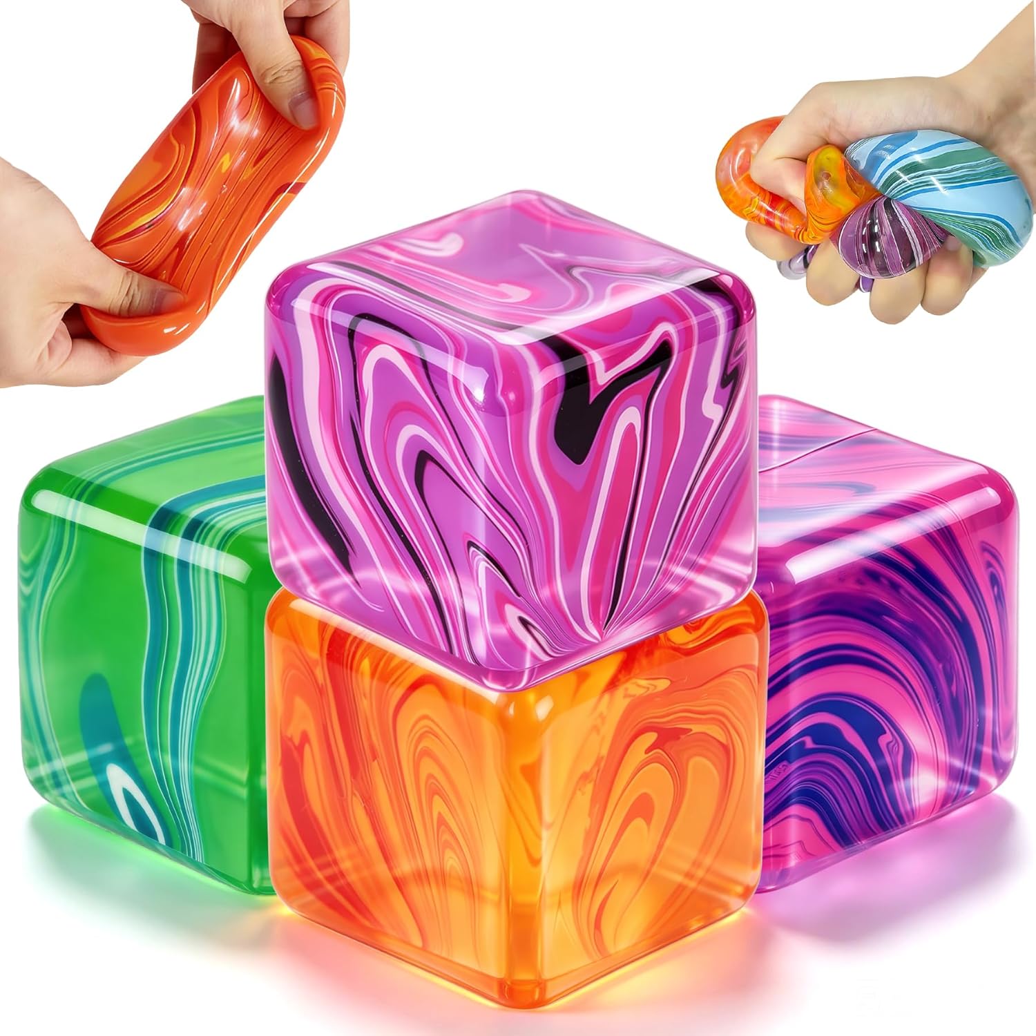 4 Pcs Stress Cube Squishies Fidget Toys, Ice Cube Shape Squeeze Toys, Slow Rise Stress Balls Sensory Toy for Kids Adults with Autism, Stress Relief Classroom Prize, Easter Basket Stuffers