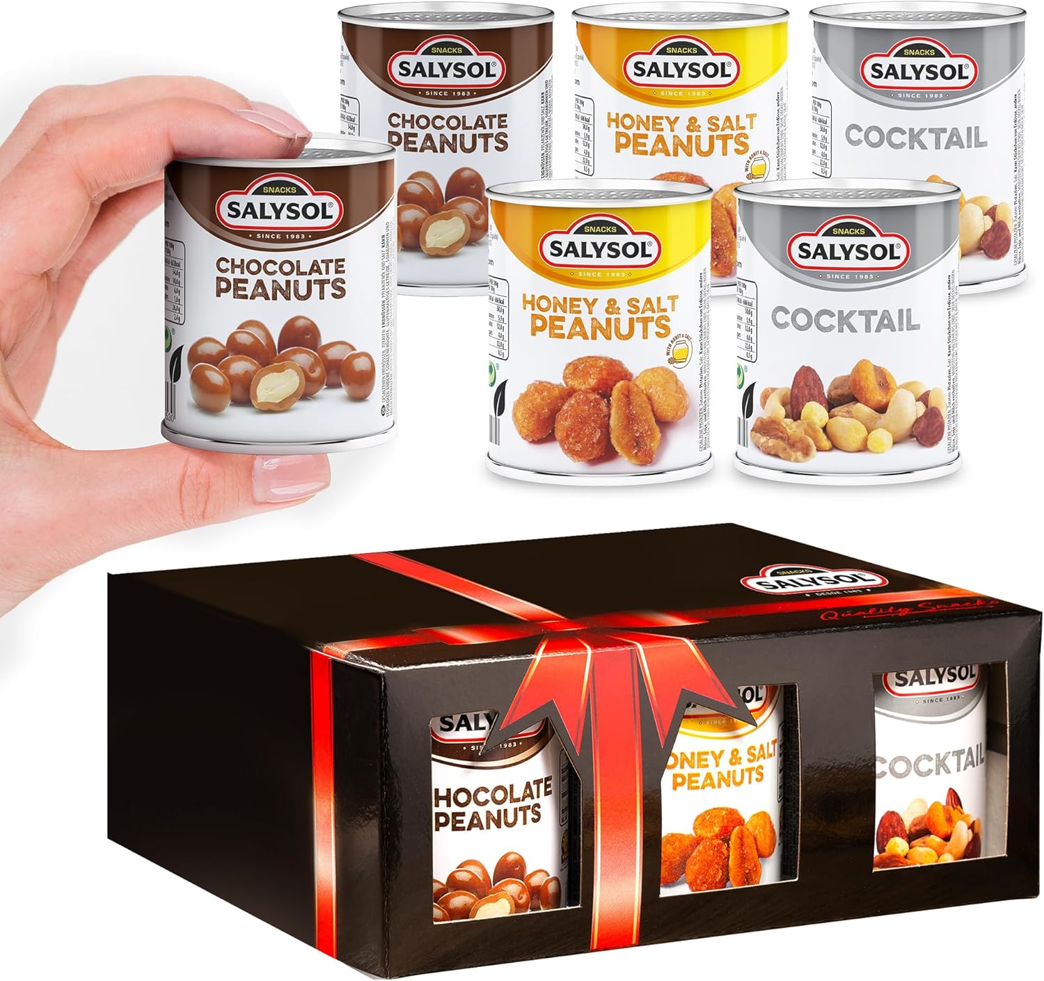 Salysol Snacks Nuts Chocolate Peanuts, Honey Peanuts, Cocktail 6 x 50g Cans - Valentines Day Gifts - Delicious Pure Natural Nuts for Snacking, Meals, and Cooking - Thoughtful Mothers Day Gift