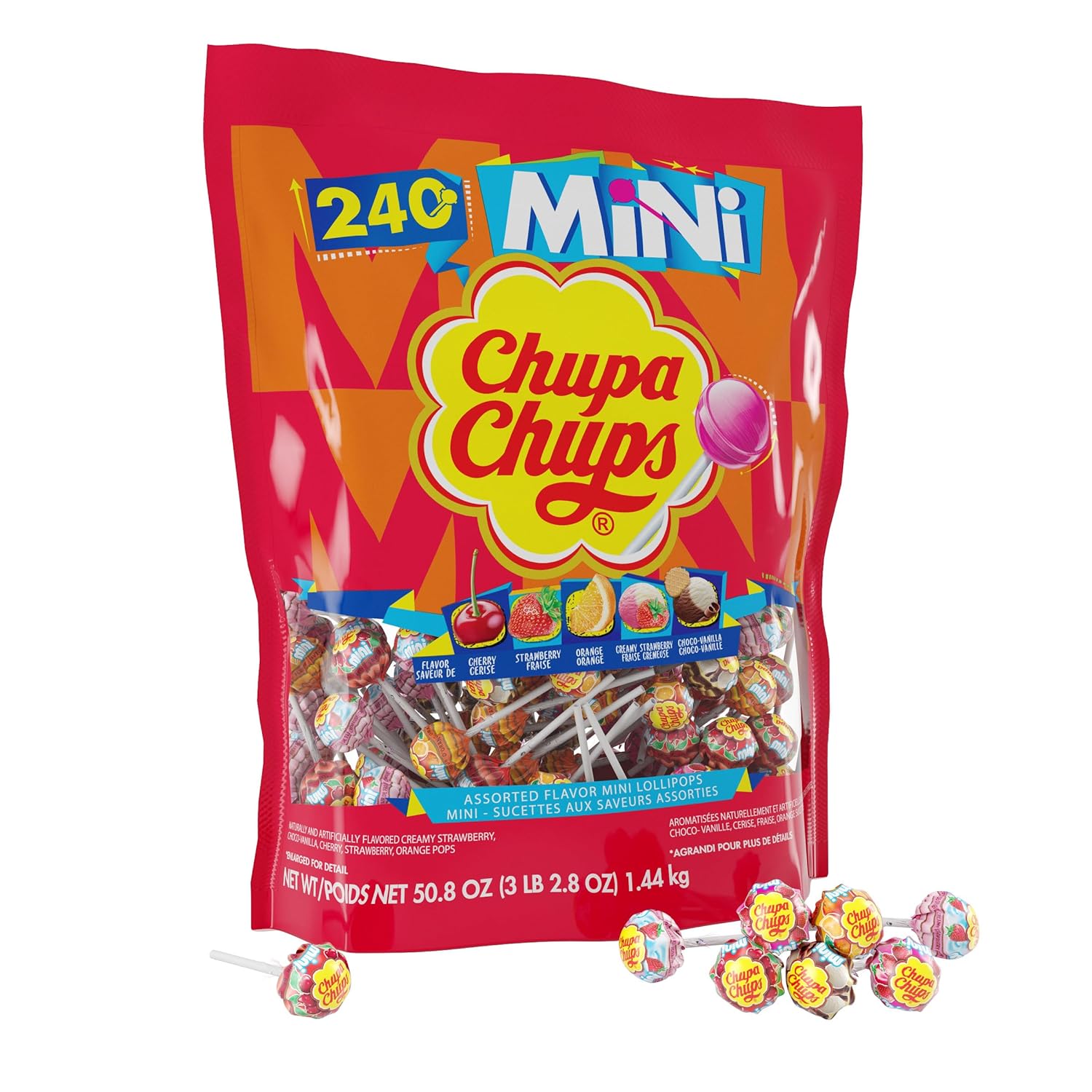 Chupa Chups Mini Lollipop Halloween Trick or Treat Candy Variety Assortment, 5 Flavors, Individually Wrapped Bulk Candy for Adults & Kids, 50.8 oz Bag (240 Suckers)