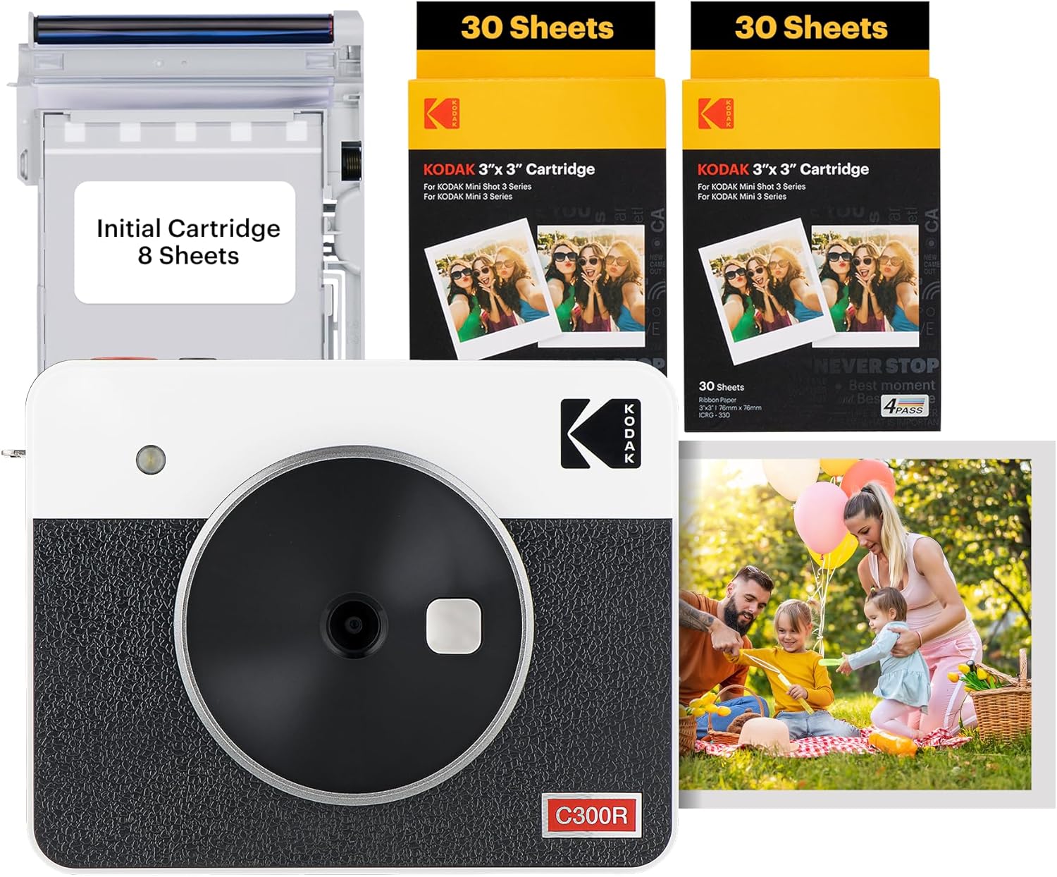 KODAK Mini Shot 3 Retro 4PASS 2-in-1 Instant Camera and Portable Photo Printer (7.6 x 7.6 cm) plus Package with 68 Sheets, White