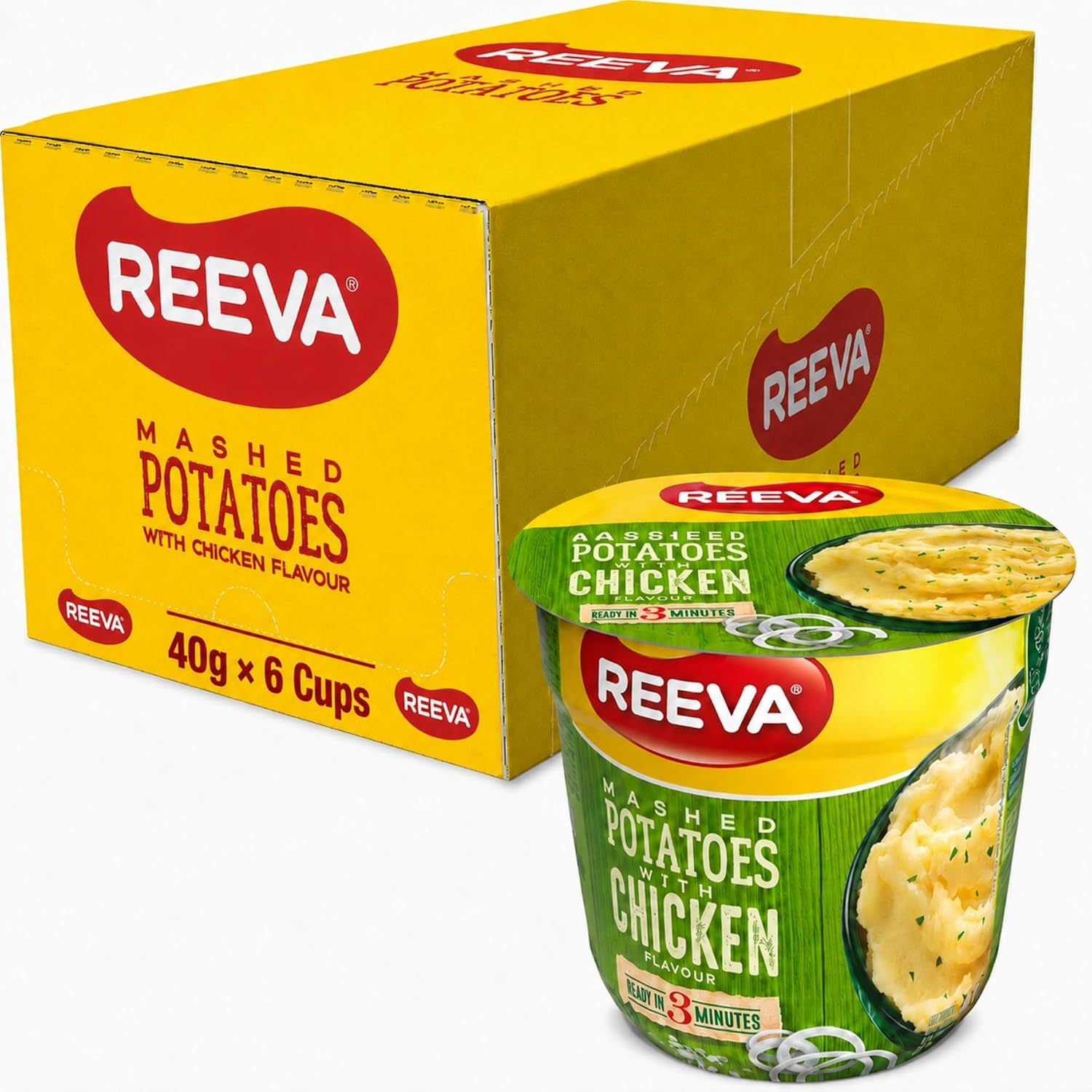 REEVA Instant Mashed Potatoes with Chicken Flavour, 40g x 6 Cups, Ready in 3 Minutes, Just Add Boiling Water, Instant Potato Cups, Quick & Convenient Potato Side Dish, Bulk Pack