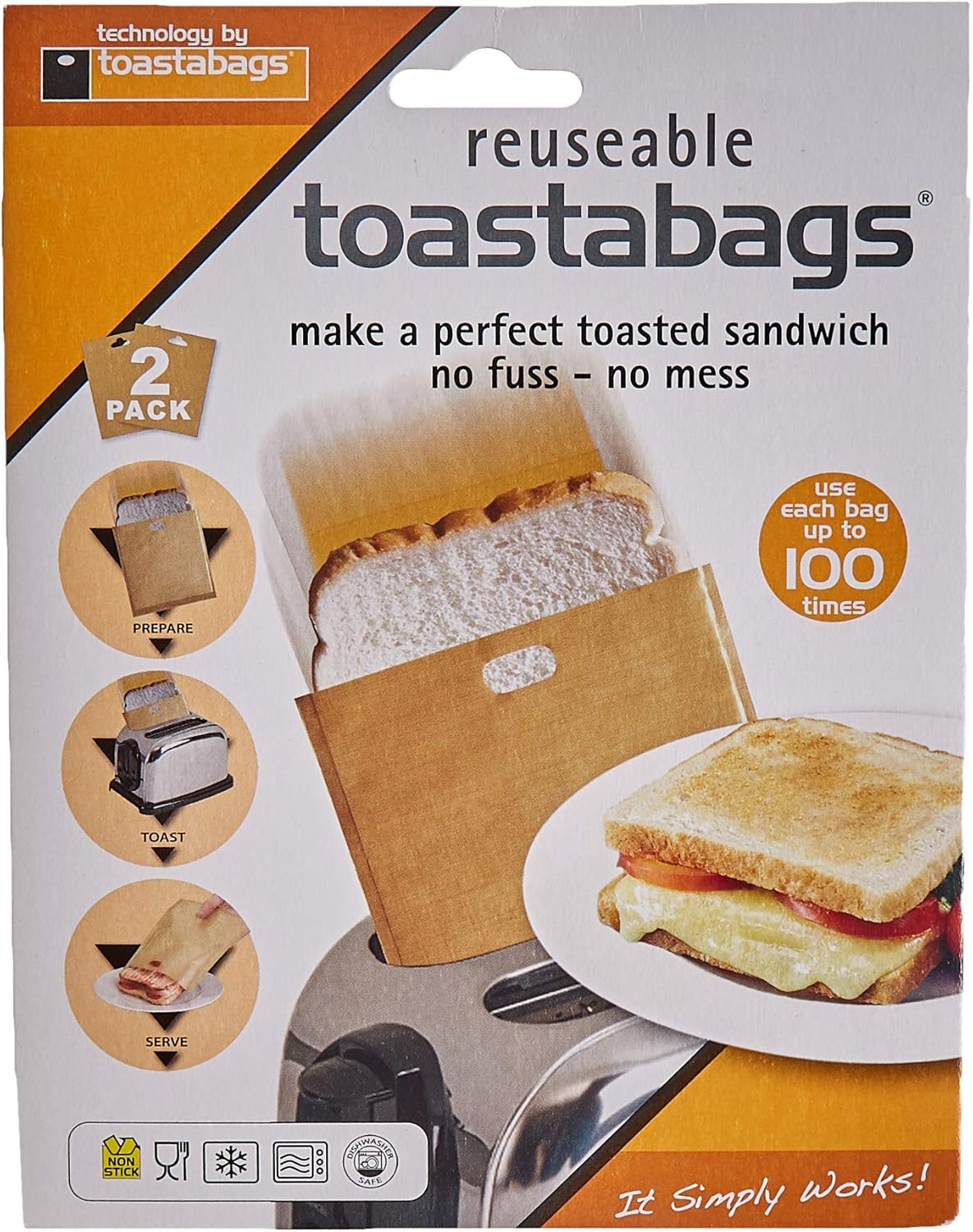 toastabags 100 use. Pack of 2. Perfect toasted sandwiches in your toaster. No mess, No Stress