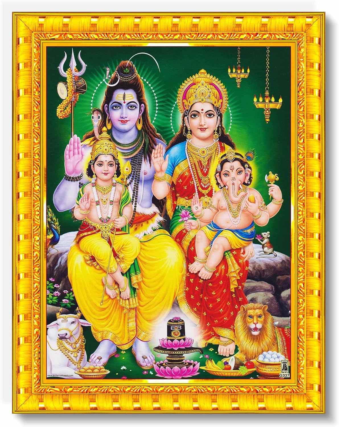 Pavan Photo Laminations Shiv Parivar Family Siva Parvati Lord Shiva Wall Painting Framed Home Decor (Wood,Matte,Gold,Small Size,6 x 8 Inch) R145S