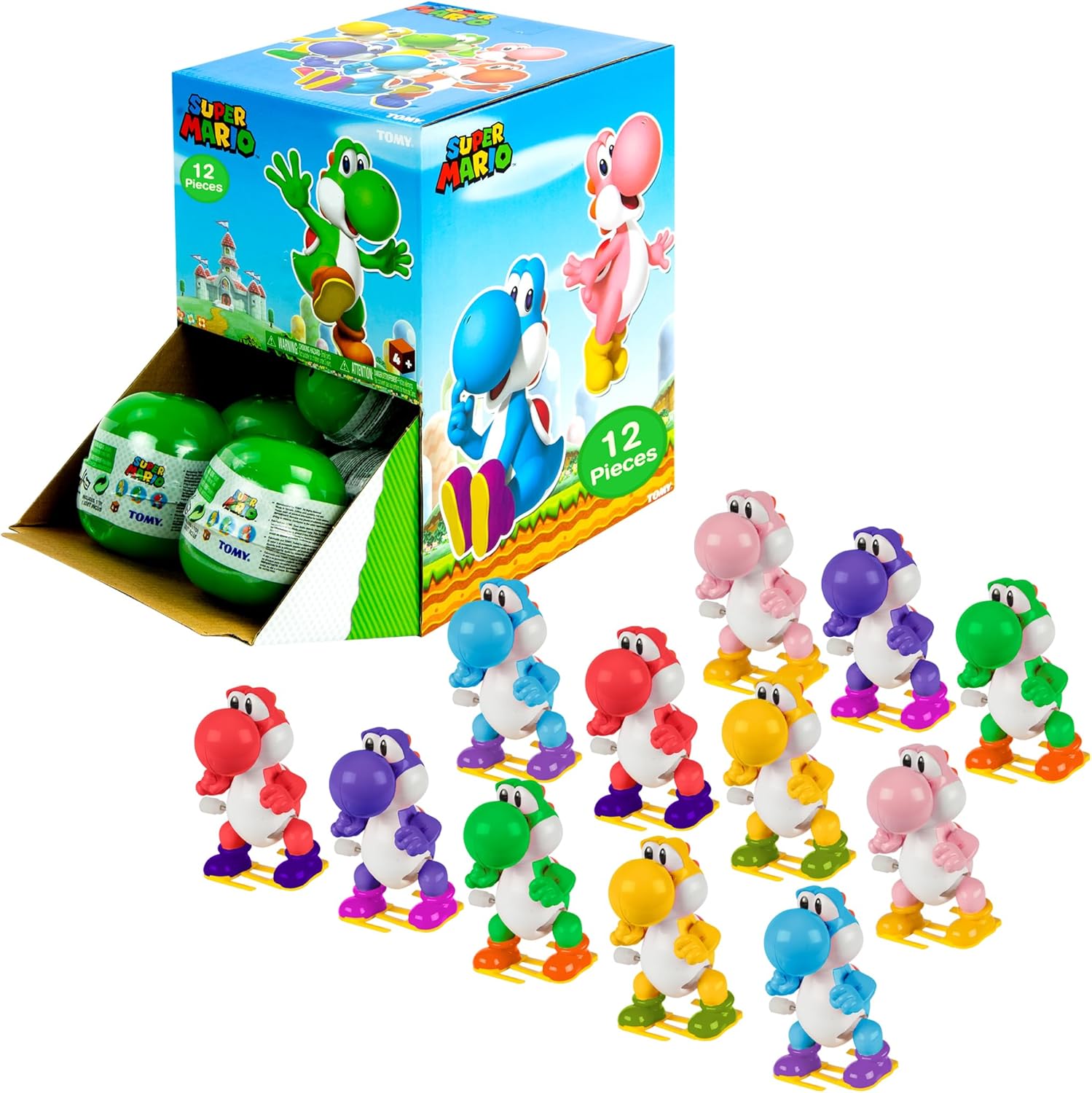 TOMY Super Mario Yoshi Wind Up Blind Box Assortment - Chance for Green, Red, Yellow, Purple, Pink, or Blue Yoshi Toys - Kids Mario Toys in Mystery Box Capsules - 12 Count - Ages 5 Years and Up