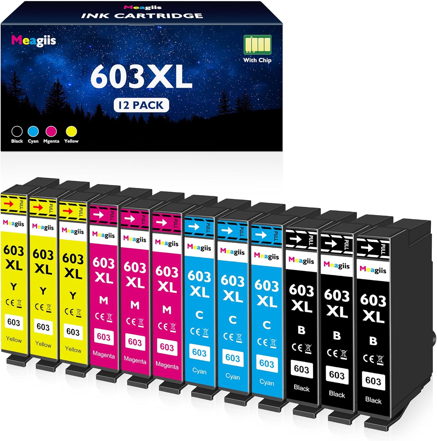 Meagiis 603XL Ink Cartridges Compatible for Epson 603XL Ink Cartridges Multipack for Epson Expression Home XP 2100 XP-2105 XP 3100 XP 3105 XP 4100 XP-4105 Workforce WF-2830DWF WF-2835 WF-2850(12 PACK)