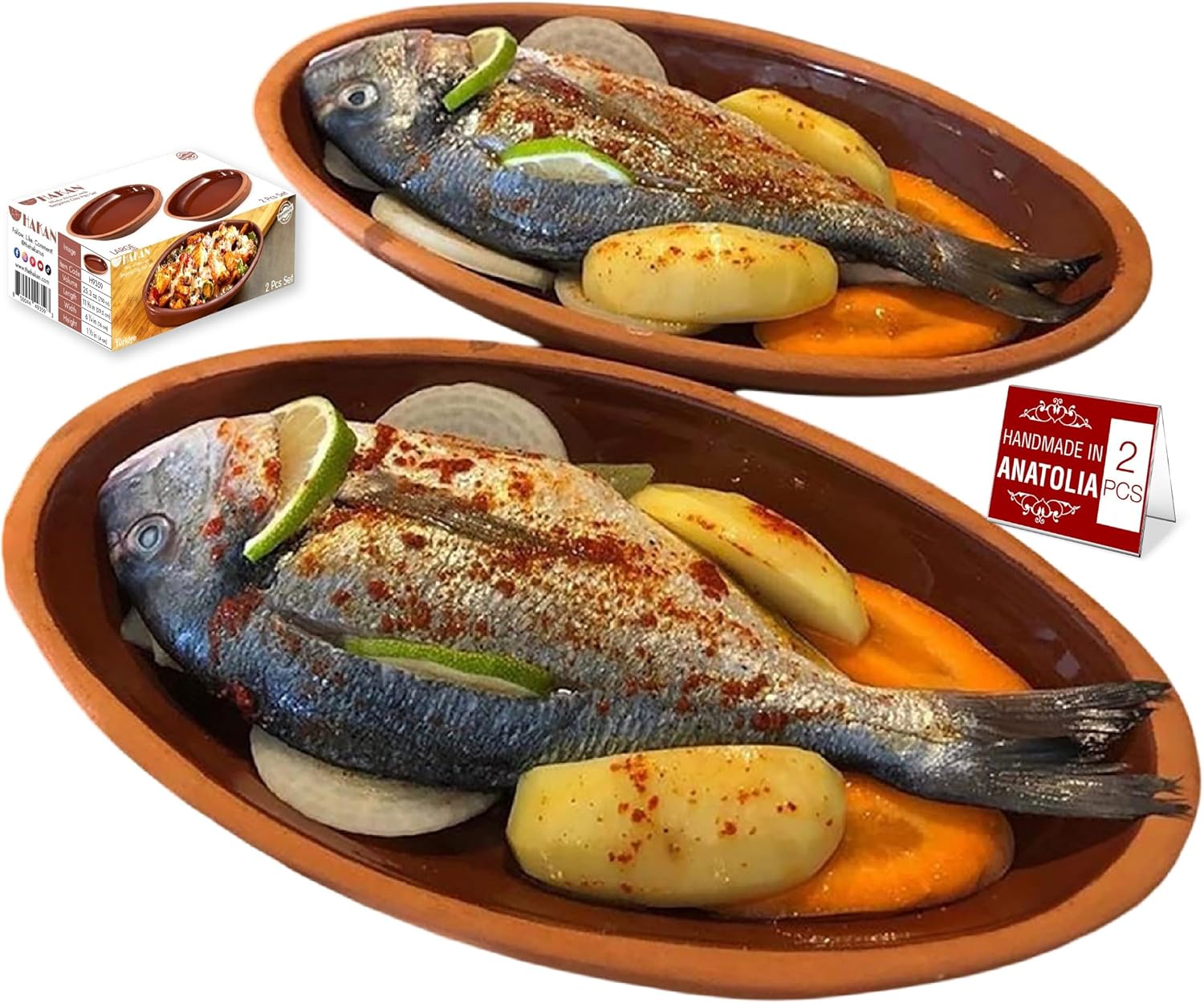 Hakan Bergama Handmade Oval Clay Pan Set of 2 | Terracotta Pans Glazed Inside | Casserole Dishes for Oven Baking | Traditional Earthenware Clay in Box, Large, 6.2 x 11.6 x 1.5-inch 25.3 Oz (750 cc)