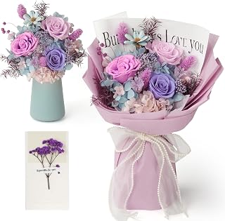 Preserved Flowers Bouquet,Christmas Rose Flowers with Gift Box,Birthday Gifts for Women,Purple Rose Bouquets Last 3-5 Years Forever Flowers for Christmas,Thanksgiving,New Year,Valentines,Mothers
