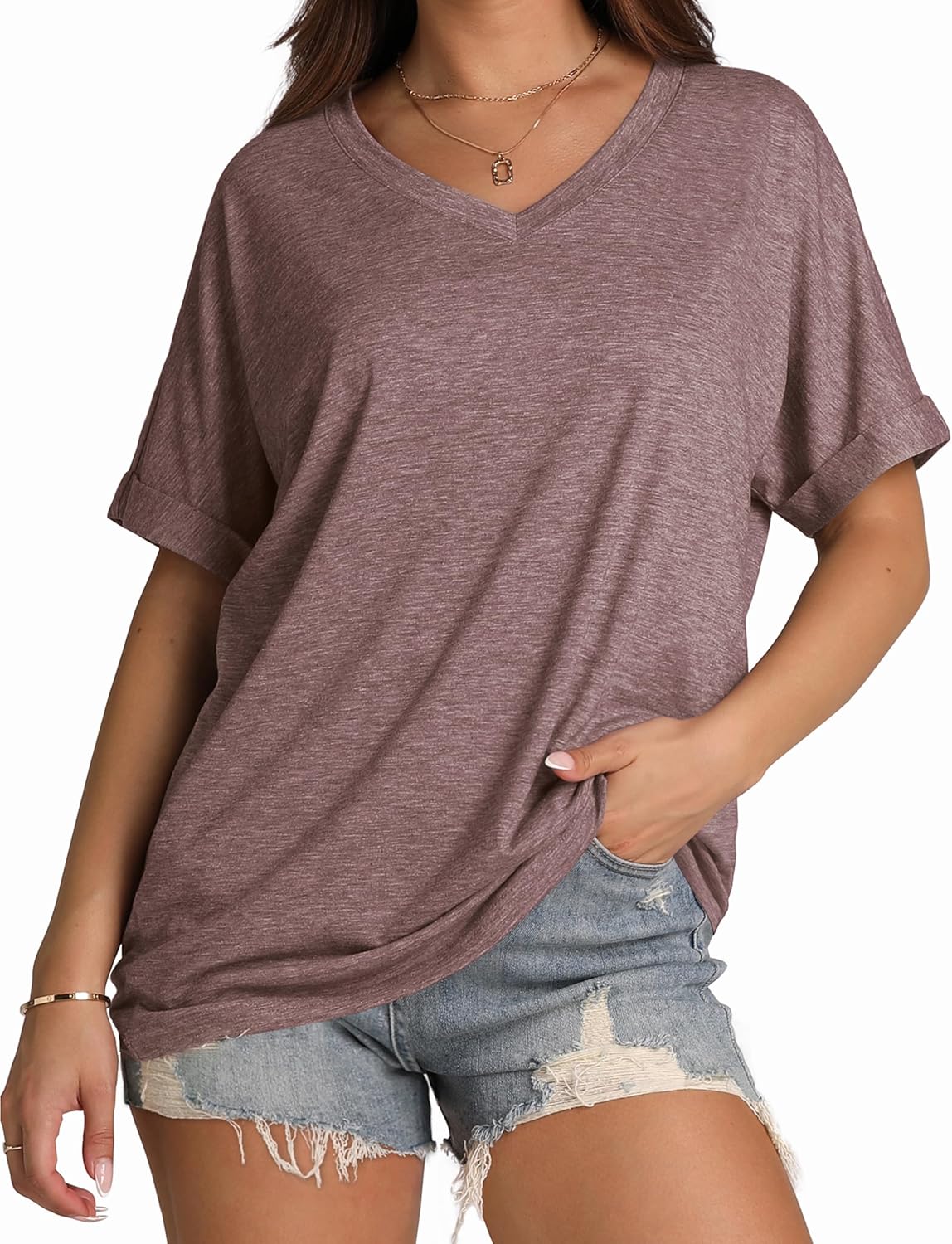 WIHOLL Womens Oversized Tshirts Summer Tops 2025 Short Sleeve V Neck Shirts Outfits Plus Size Clothes