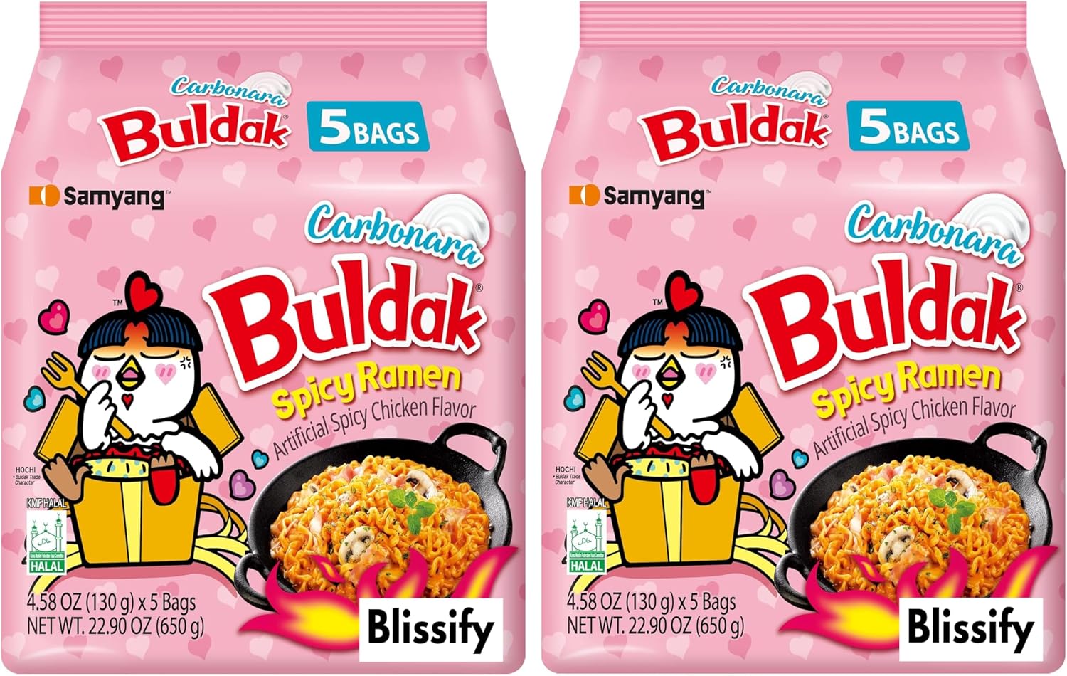 Blissify - Korean Import Hot Chicken Flavour Carbo nara Noodles - Fire Fried Super Hot Spicy PINK Noodle (128g x 10) - HALAL - By Buldak