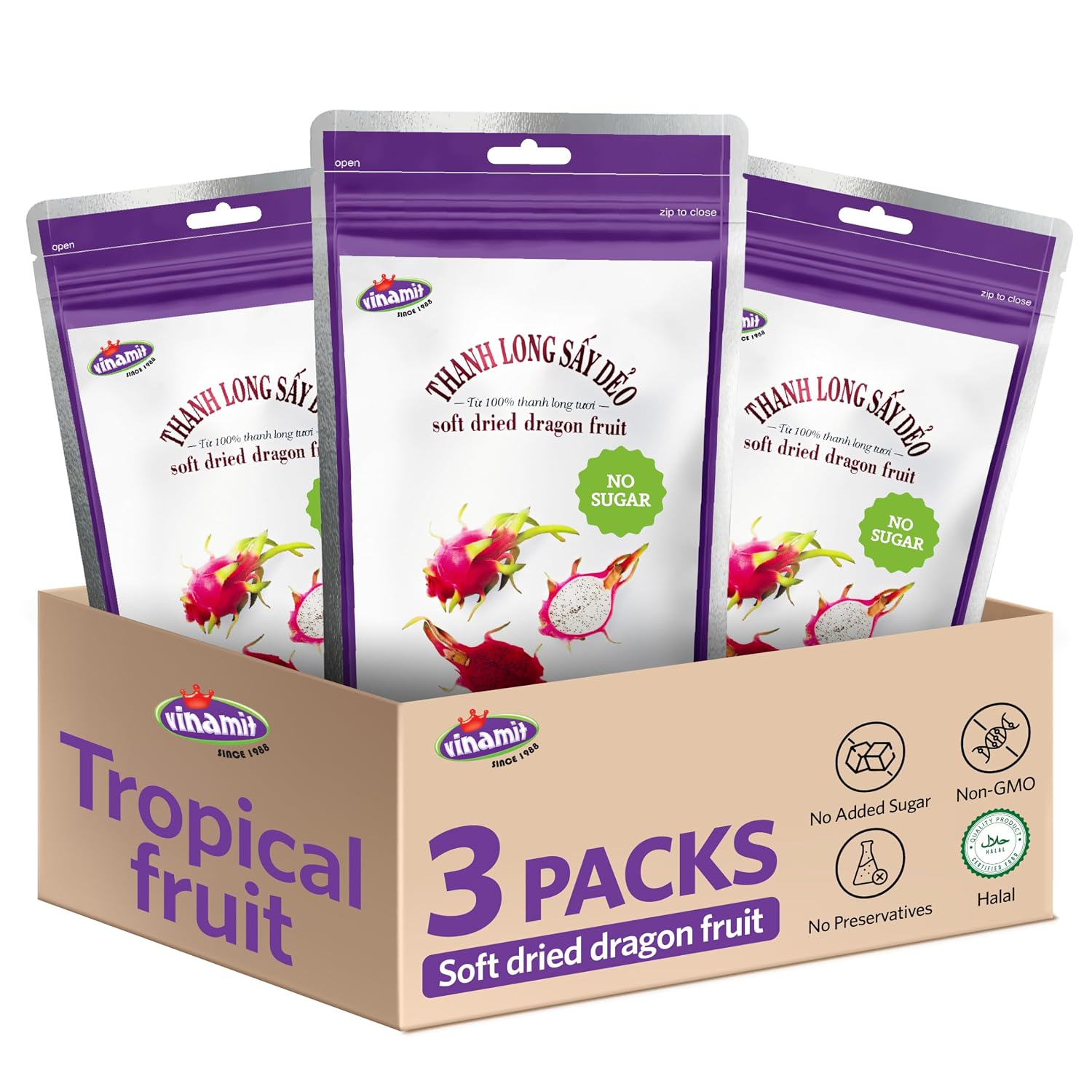Vinamit Soft Dried Dragon Fruit 3.5 oz x 3 Pack, Chewy Fruit Snacks Bulk | 100% Red Dragon Fruit, No Sugar Added, Naturally Mild Sweet, Dried Fruit for Smoothies, Adults & Kids’ Lunchboxes