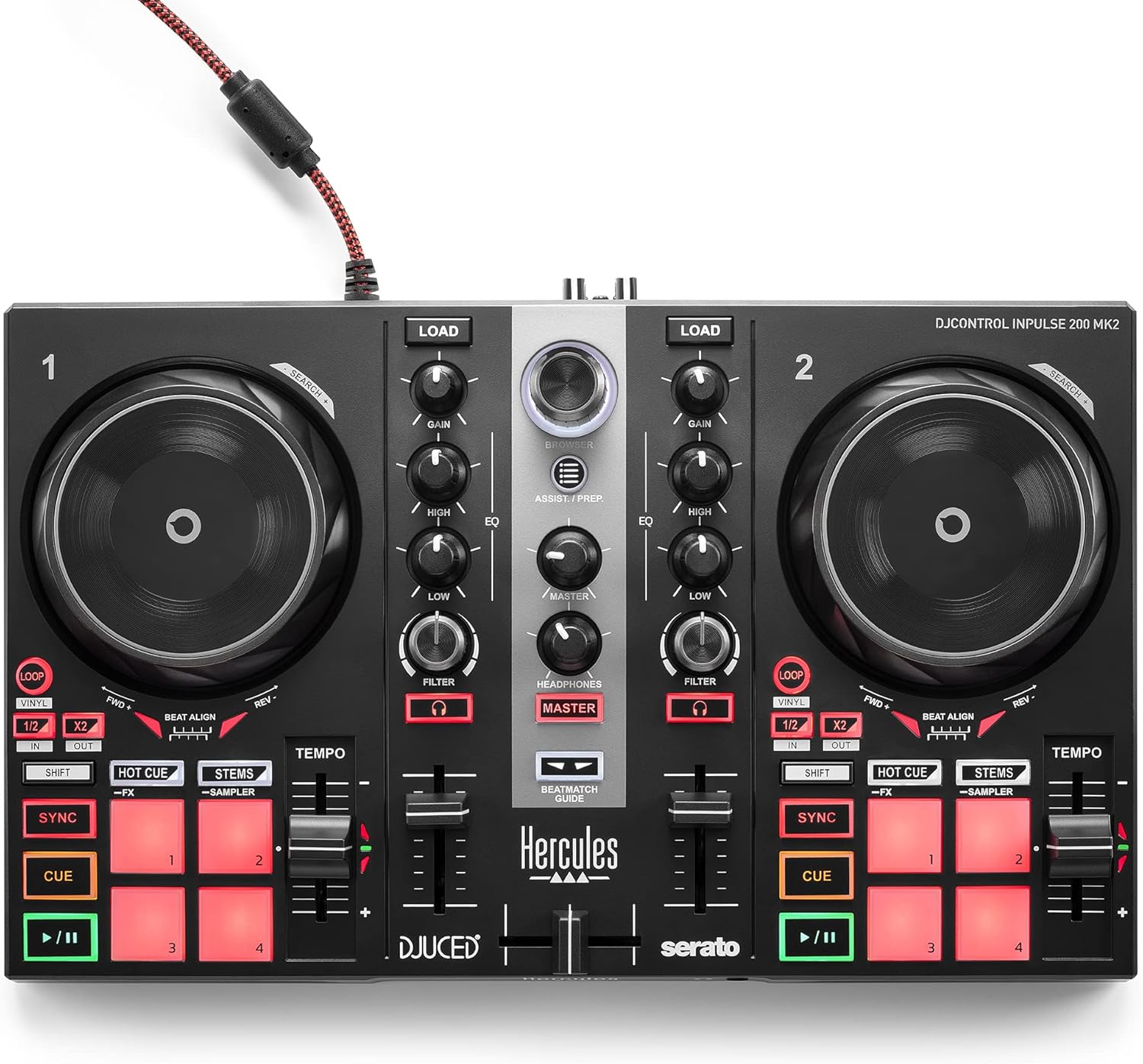 Hercules DJControl Inpulse 200 MK2 – Compact DJ Controller with LED Light Guides, Enhanced Features, and Compatibility with DJUCED & SERATO Software