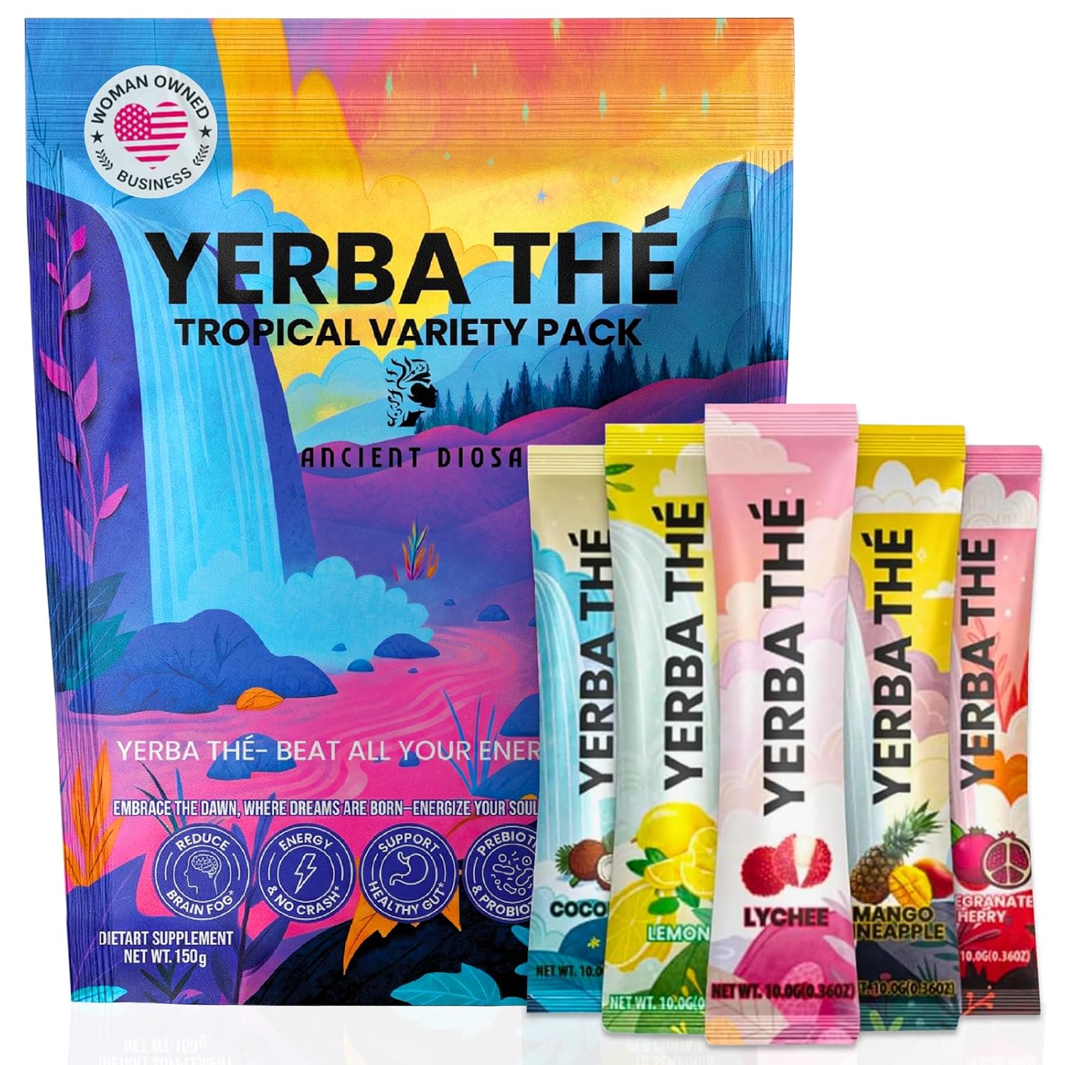 Yerba Mate Exotic Mixed Fruit Powder for Gut Health, Sugar Free, 15 Sachets