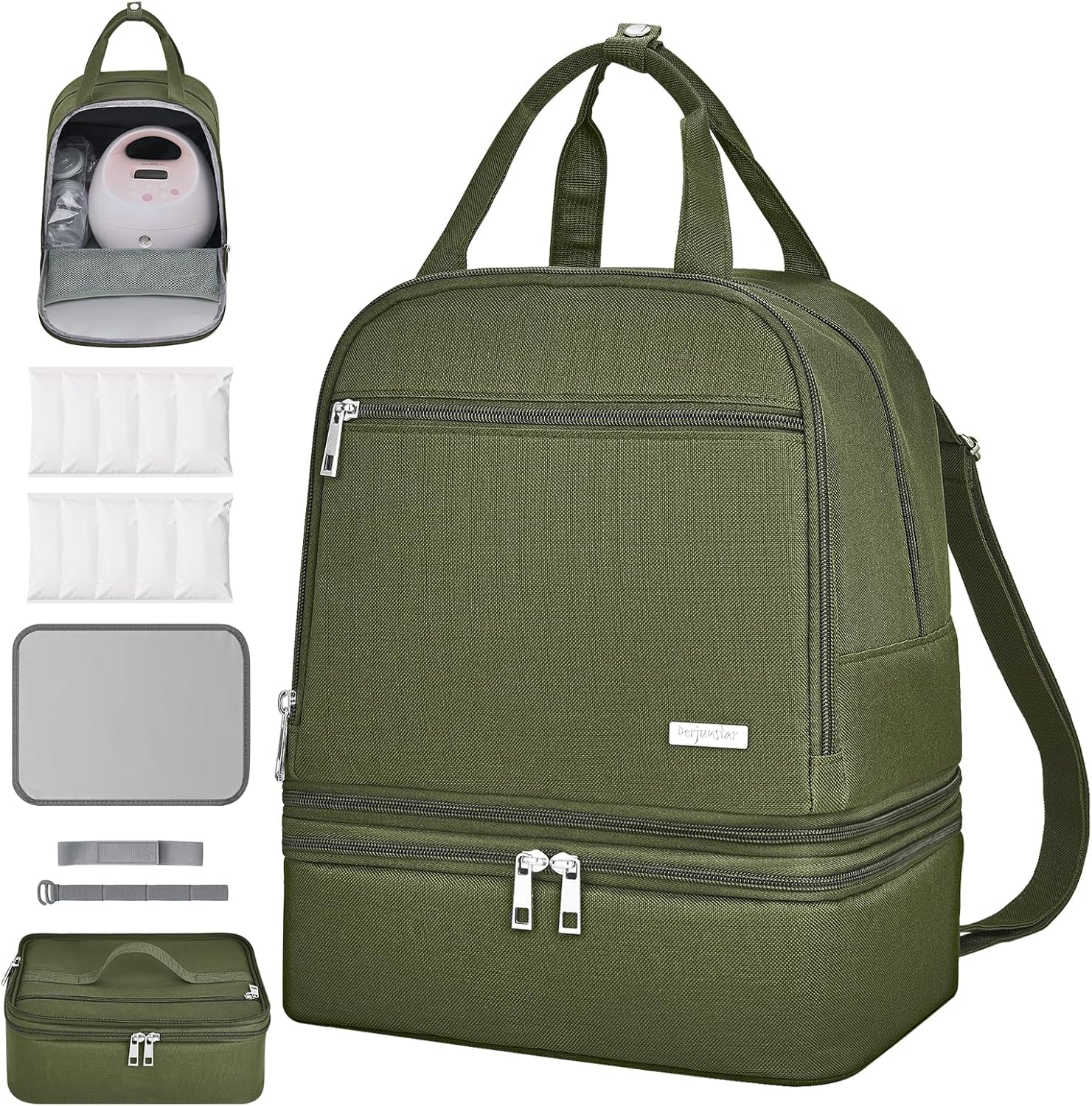 DERJUNSTAR Breast pump travel bag, Spectra Pump Backpack, Mini Pumping Bags with Pockets for Working Mom, Compatible with Spectra S1, S2, Green