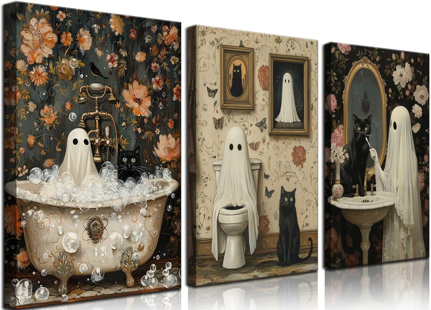 3Pcs Halloween Ghosts Canvas Wall Art Ghost on ToiletBlack Cat Funny Gothic Wall Decor Pictures Retro Horror Creepy Dark Academia Posters Prints for Bathroom Gallery Street Bar Home Decor (canvas,