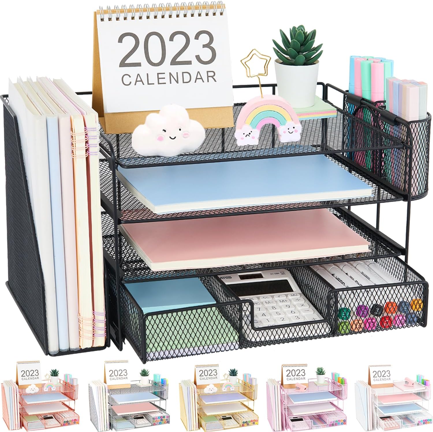 Desktop Organizer with File Holder, 4-Trays Paper Letter Tray Organizer with Drawer and 2 Pen Holders, Desk Organizers and Accessories for Office Supplies, Black (black)