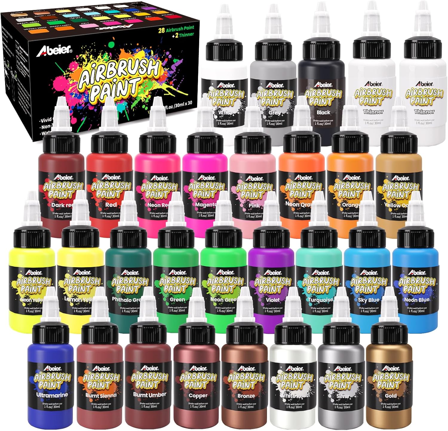 ABEIER Airbrush Paint 28 Colors with 2 Thinner, Water-Based Airbrush Paint Set,30ml/Bottle Ready to Spray Acrylic Air Brush Paints for Metal, Plastic Models, Canvas, Wood.