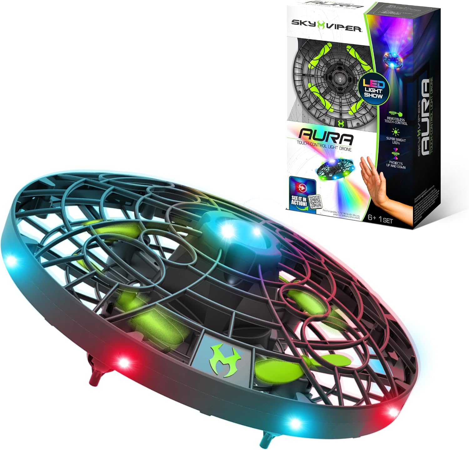 Sky Viper Aura Touch-Control Light Drone, Remoteless Push-to-Fly for Kids, Rechargeable Battery