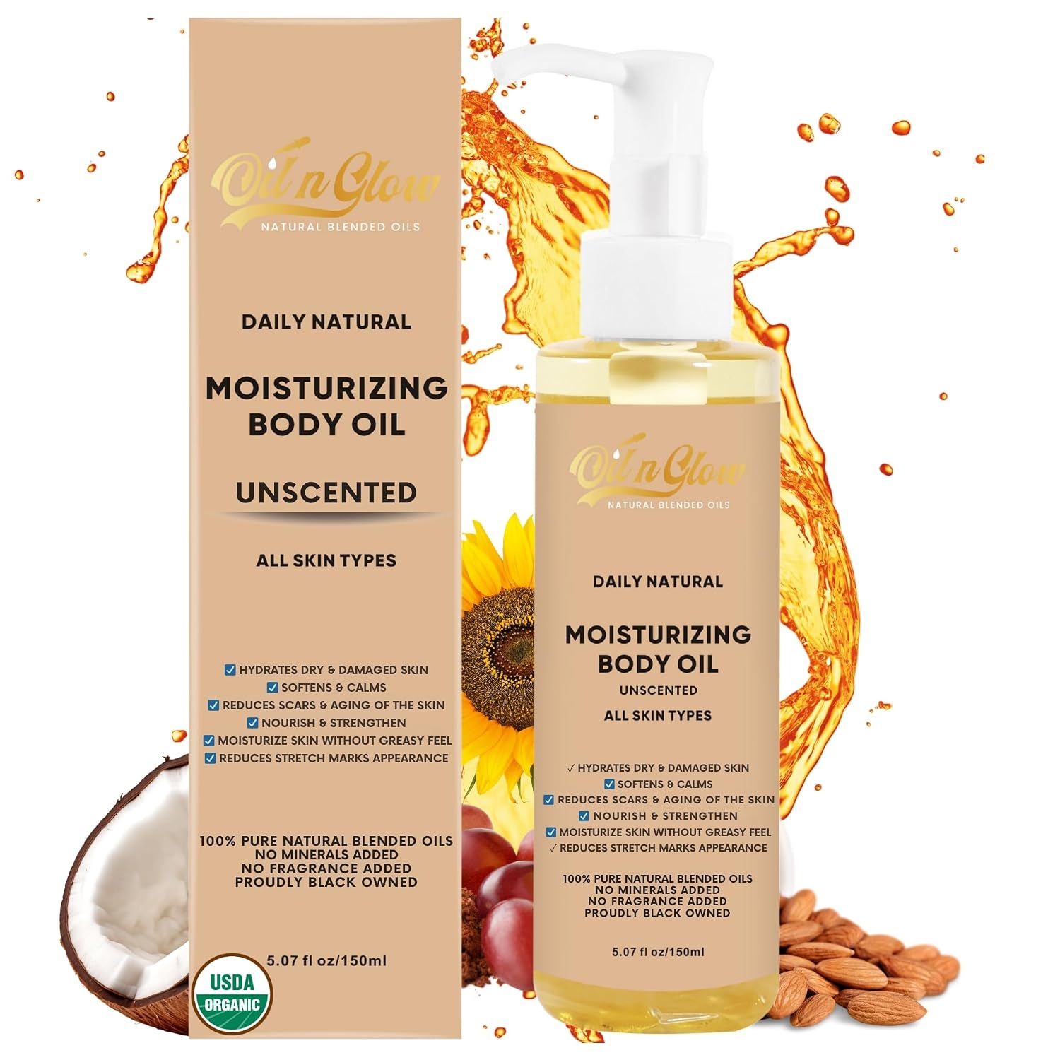Organic Body Oil After Shower for Women & Men – USDA Certified, Unscented, Non-Greasy Moisturizer with Coconut, Jojoba, Olive & Almond – For Dry Skin – 5.07 fl oz / 150ml