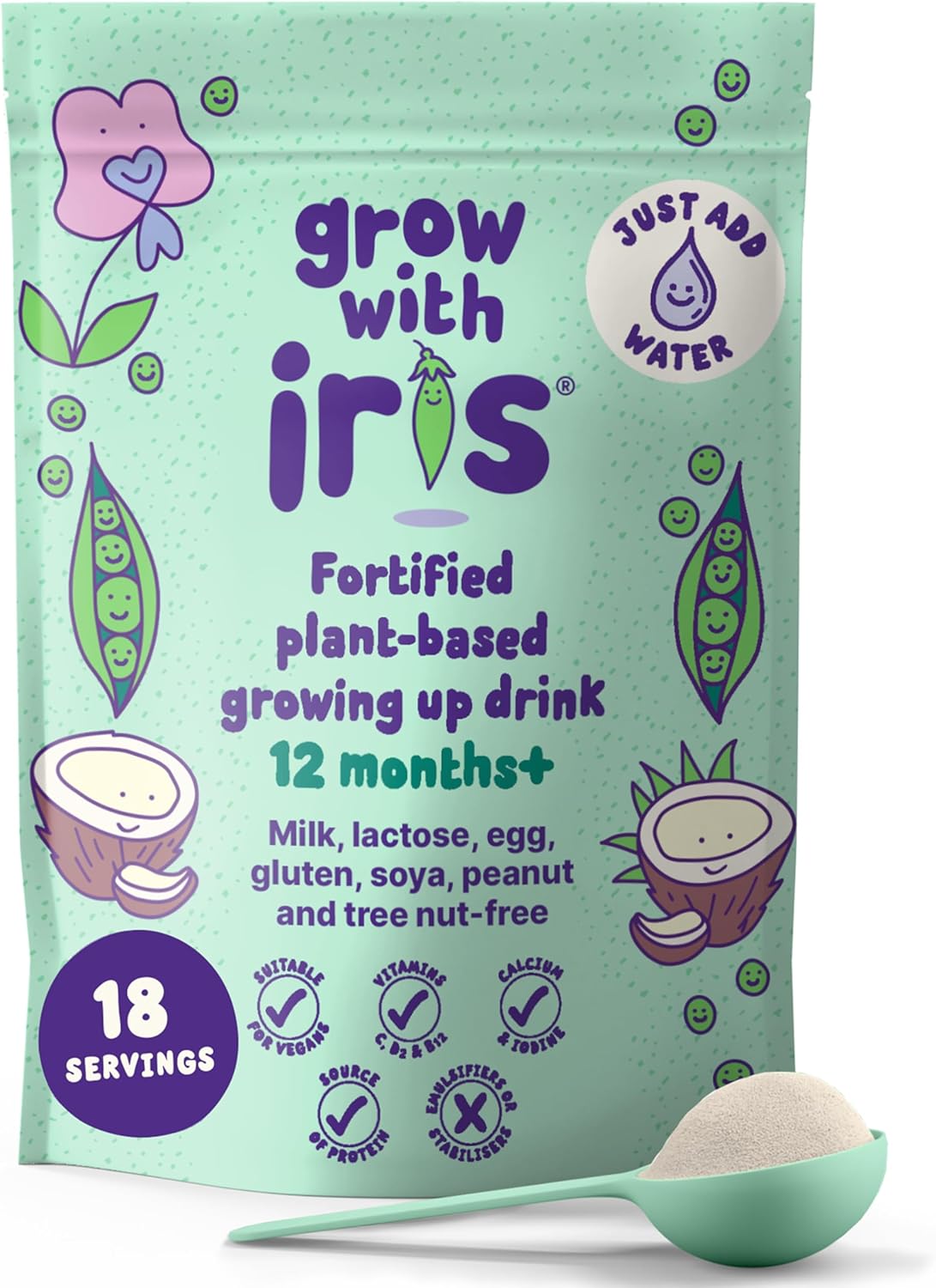 Fortified Dairy-Free Toddler Milk Alternative - Plant-Based Growing Up Drink for Kids 12 months+ Allergen Free, Vegan, with Calcium, Iodine, Vitamins C, D, B12 - Grow with Iris, 540g (18 servings)