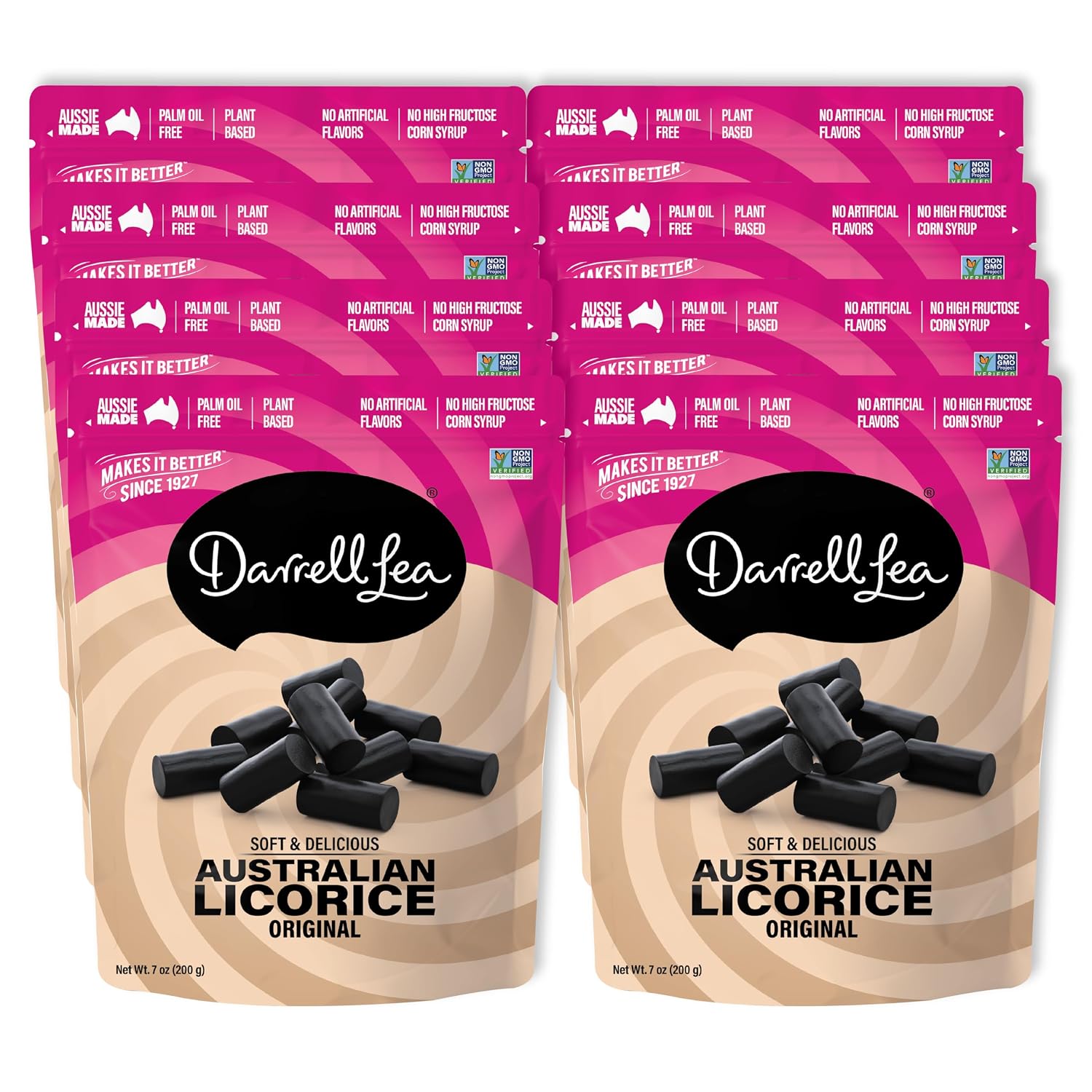 Darrell Lea Soft Australian Licorice, Non-GMO, No Palm Oil, Vegetarian Friendly, No High Fructose Corn Syrup, Soft & Chewy Licorice Candy, Made in Australia (Original Black, 7 Ounce (Pack of 8))