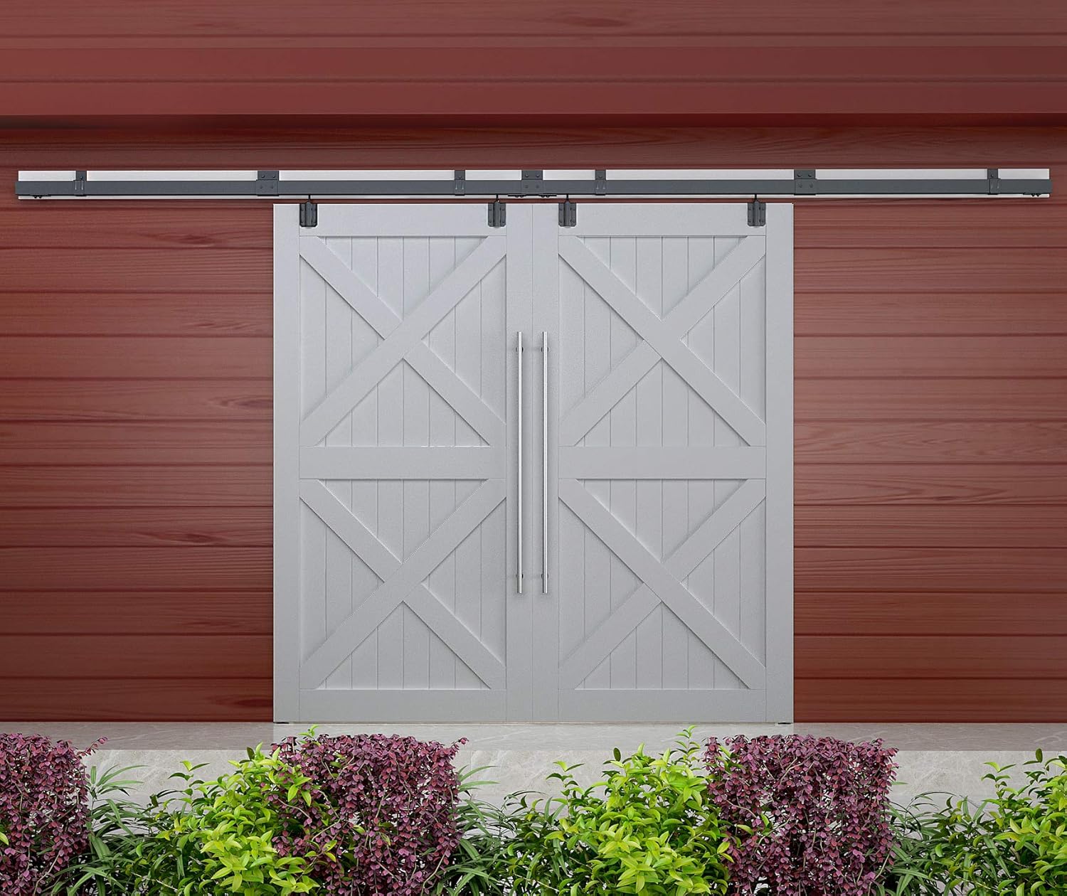 DIYHD 8FT Double Sliding Barn Door Hardware Box Track Wall Mount Kit for Exterior Door