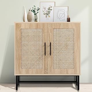 KFO Storage Cabinet with Handmade Natural Rattan Doors, Rattan Cabinet Sideboard Buffet Cabinet, Accent Cabinet for Living Room, Hallway, Dining Room, Entryway