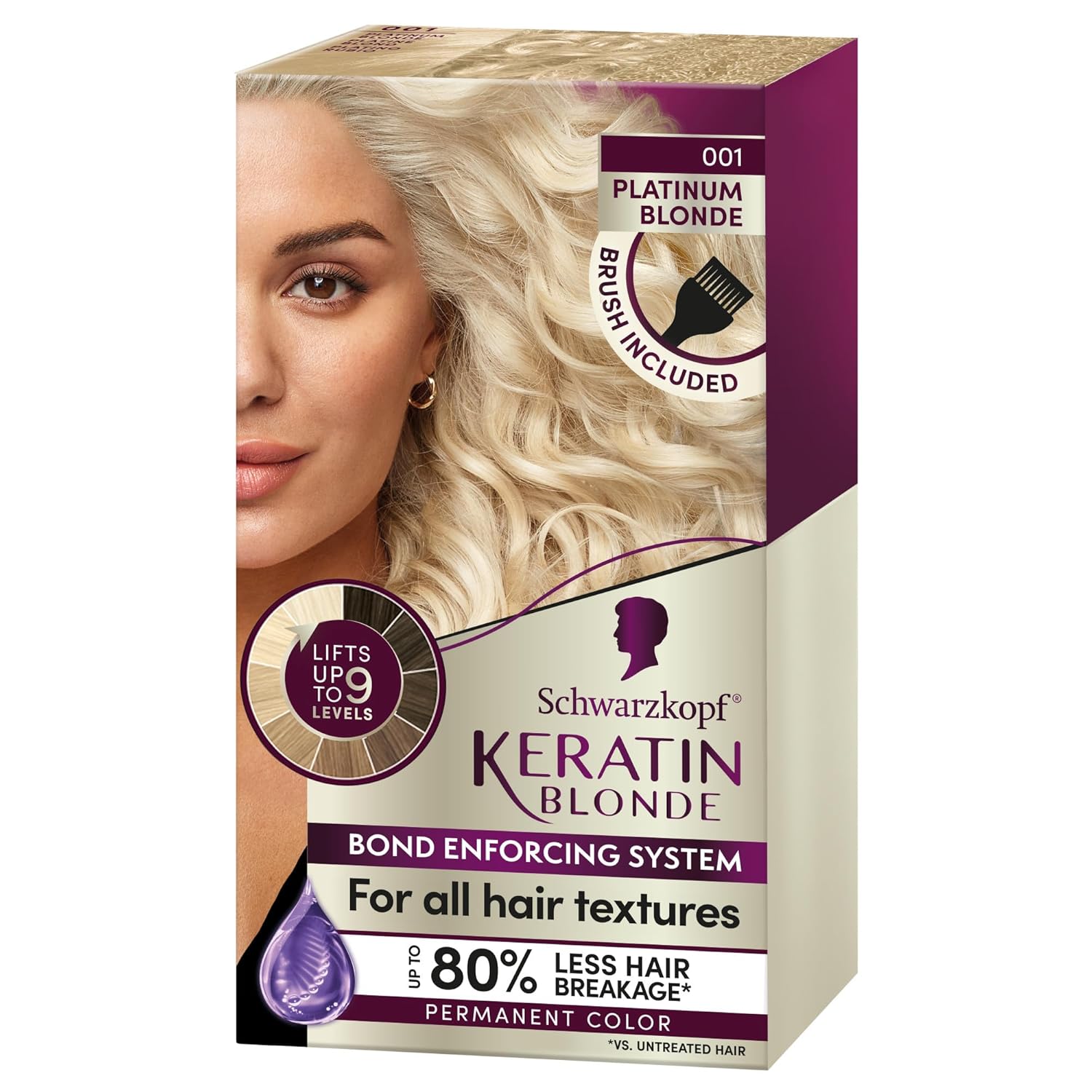 Schwarzkopf Keratin Blonde Hair Dye Platinum Blonde 001, Ultra Lightening Kit, 1 Application - Hair Bleach Enriched with Keratin, Lightens up to 9 Levels and Protects Hair from Breakage