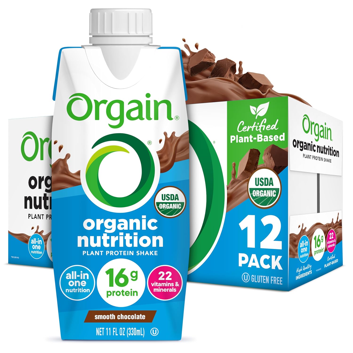 Orgain Organic Nutritional Vegan 16g Protein Shake, Chocolate, 11 oz, 12pk