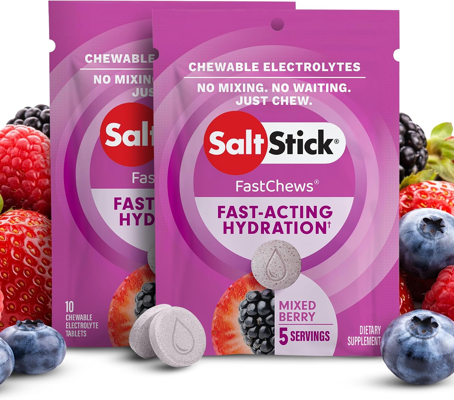 SaltStick Fastchews, Electrolyte Replacement Tablets for Rehydration, Exercise Recovery, Youth & Adult Athletes, Hiking & Sports Recovery, 2 x Packets of 10 Tablets (Mixed Berry)