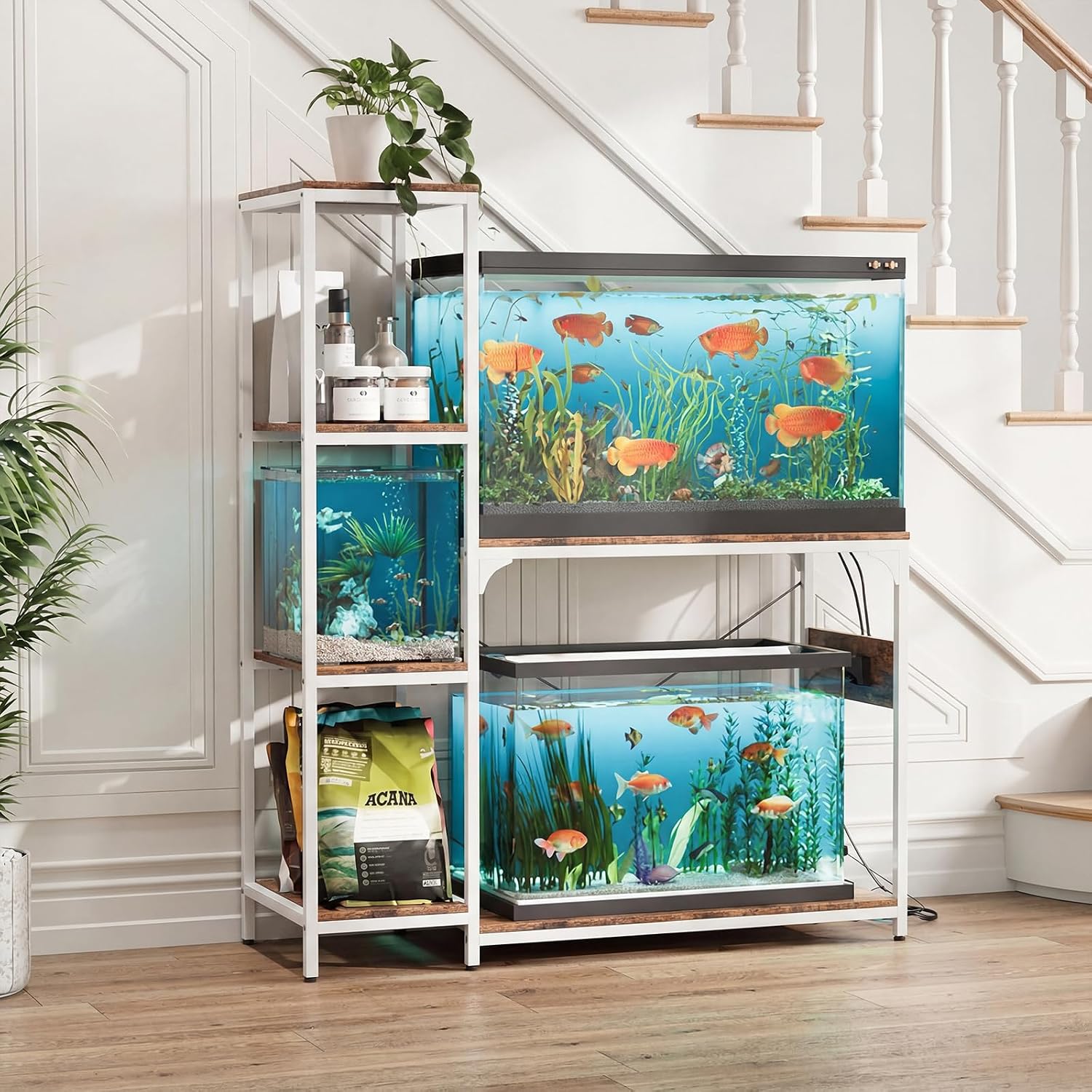 VOWNER 20-29 Gallon Fish Tank Stand with Power Outlet, Wood Aquarium Stand with Shelves for Fish Tank Accessories Storage, Heavy Duty Metal Frame, Turtle Reptile Terrarium Stand, Load 500lb, White