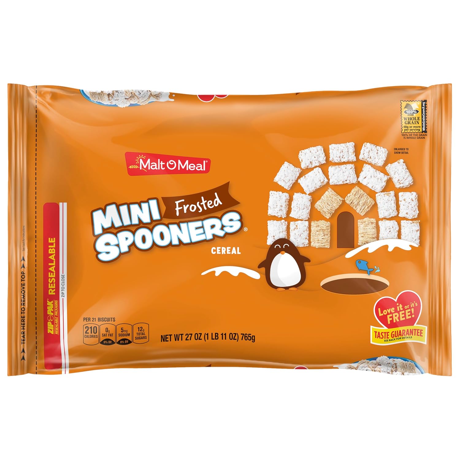 Malt-O-Meal Mini Frosted Spooners Breakfast Cereal, Sweet Frosted-Wheat Squares, Family Bulk Size 27 oz Resealable Bag