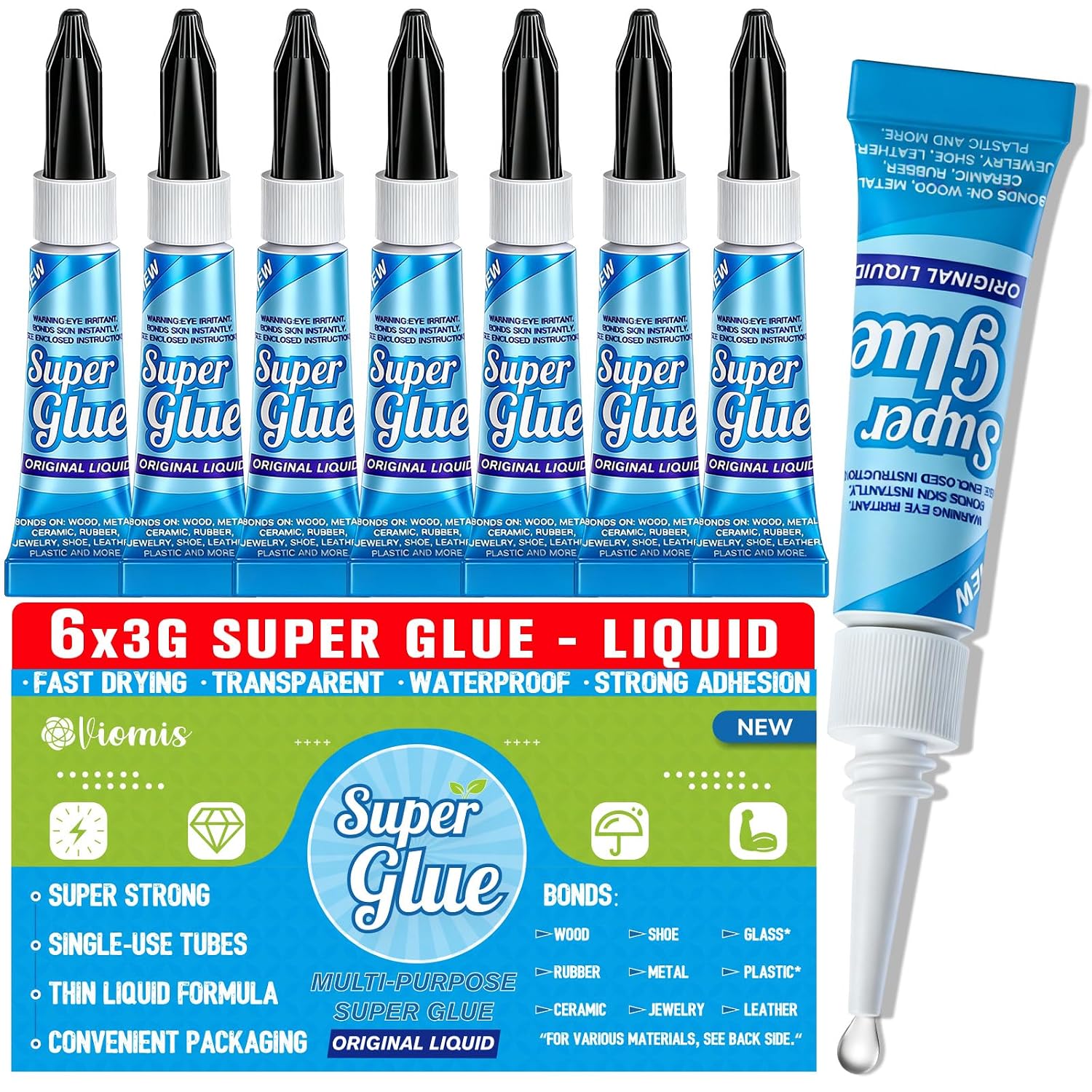 Super Glue, Clear Glue, 6 Pack 3 Gram Tubes
